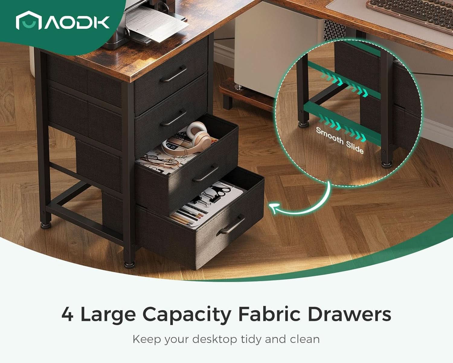 L Shaped Desk With USB Ports And 4 Drawers 53 Inch