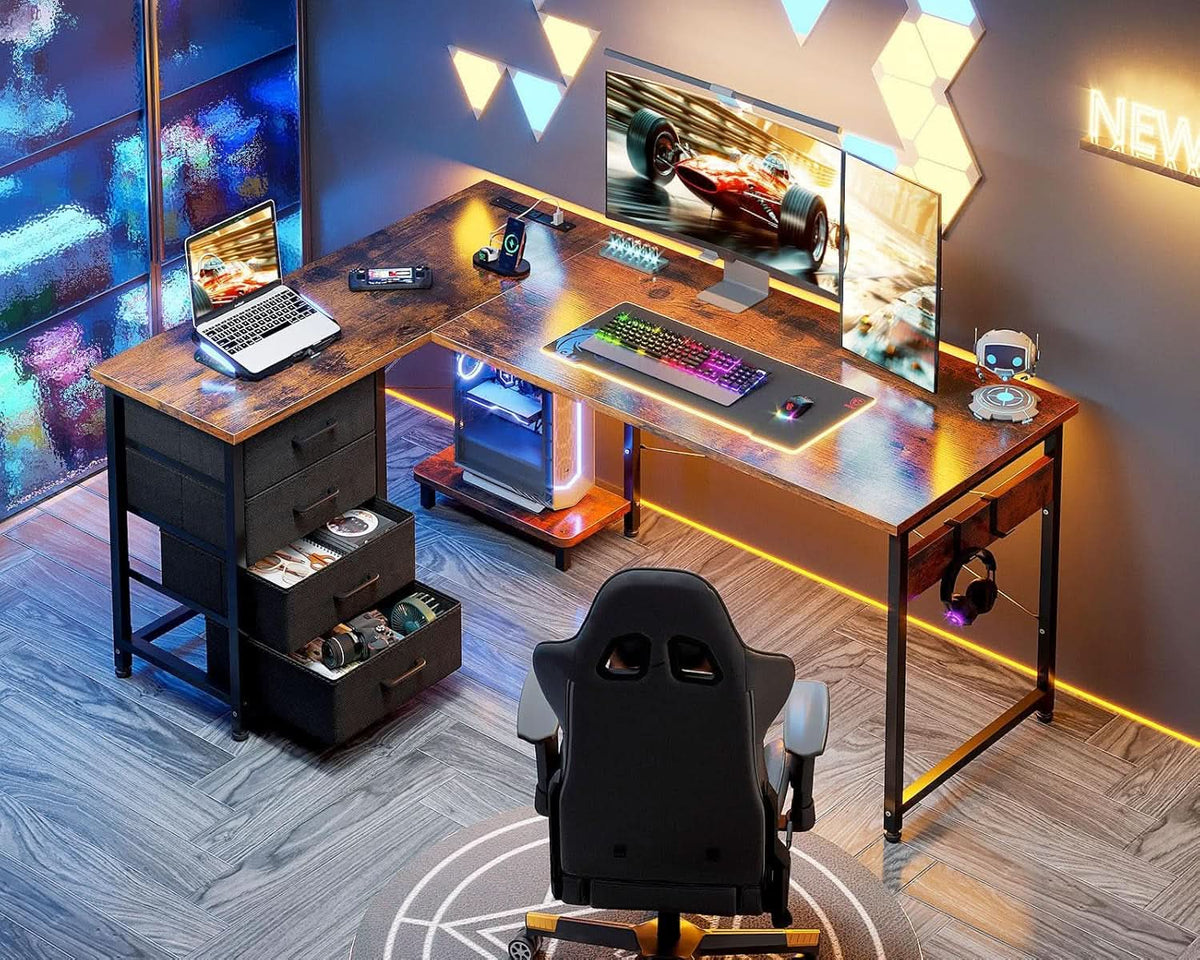 L Shaped Desk With USB Ports And 4 Drawers 53 Inch