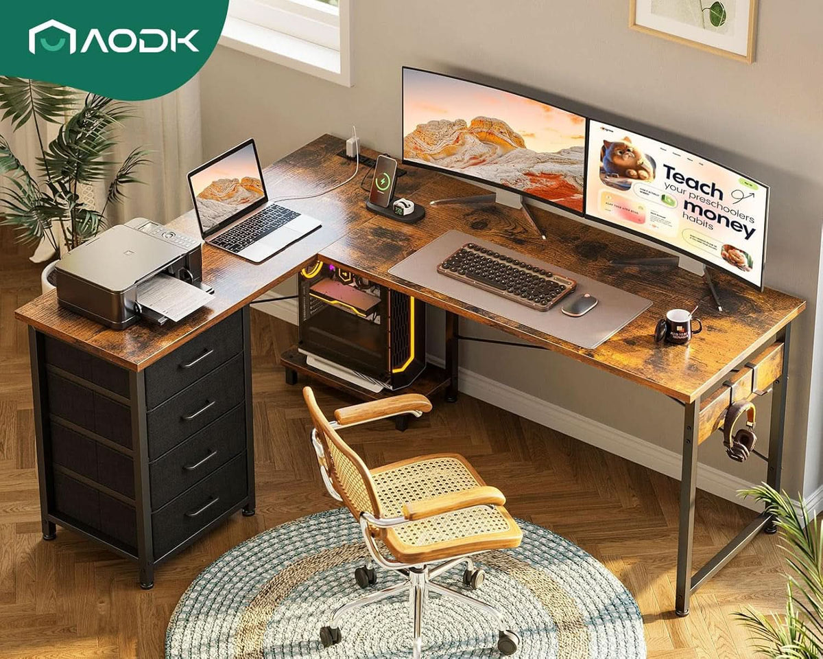L Shaped Desk With USB Ports And 4 Drawers 53 Inch