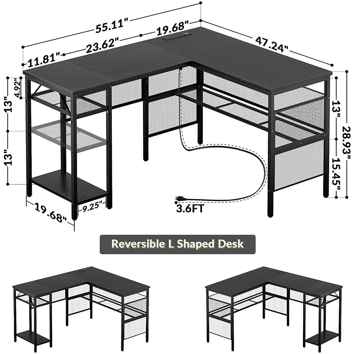 L Shaped Desk With USB Ports And Power Outlet Black