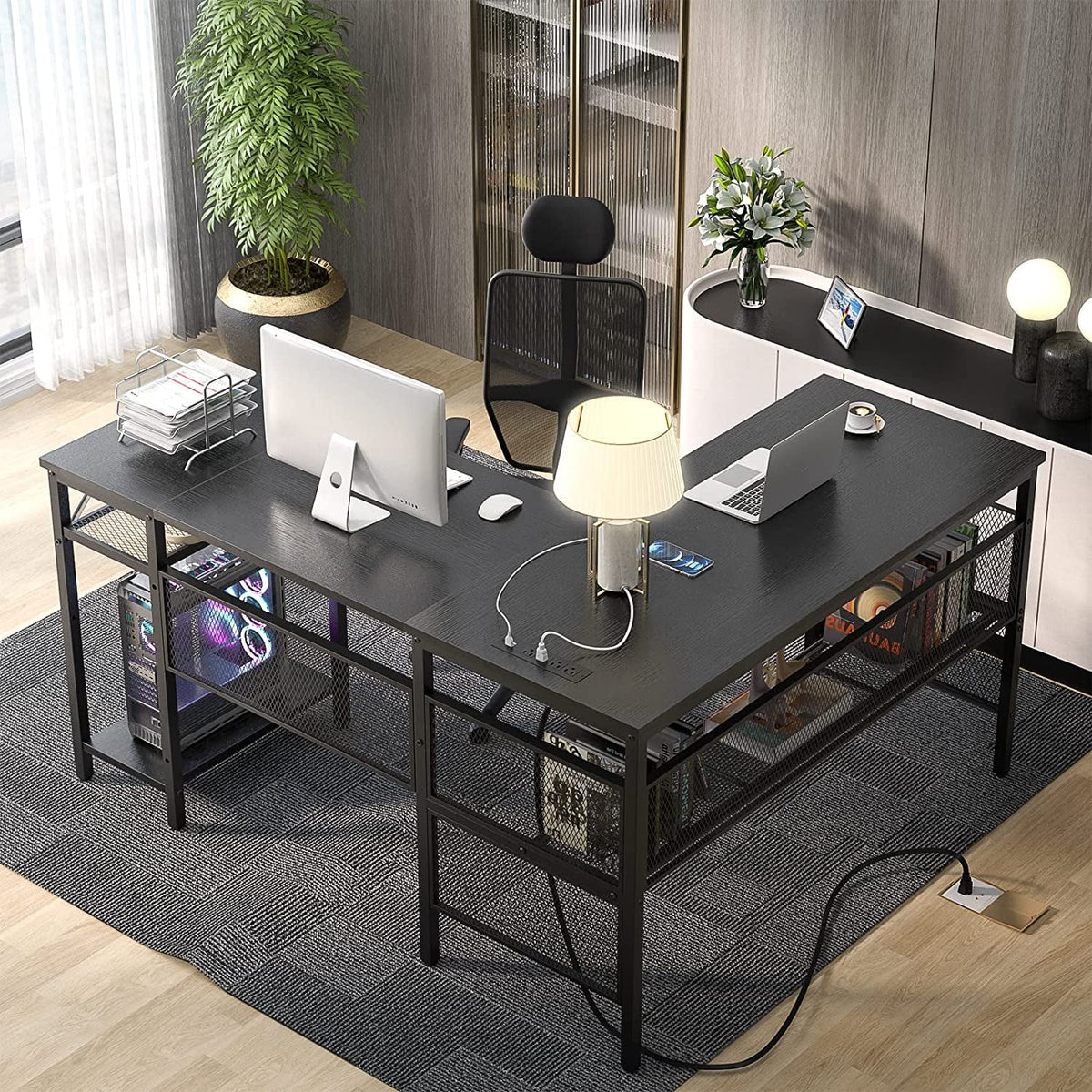 L Shaped Desk With USB Ports And Power Outlet Black