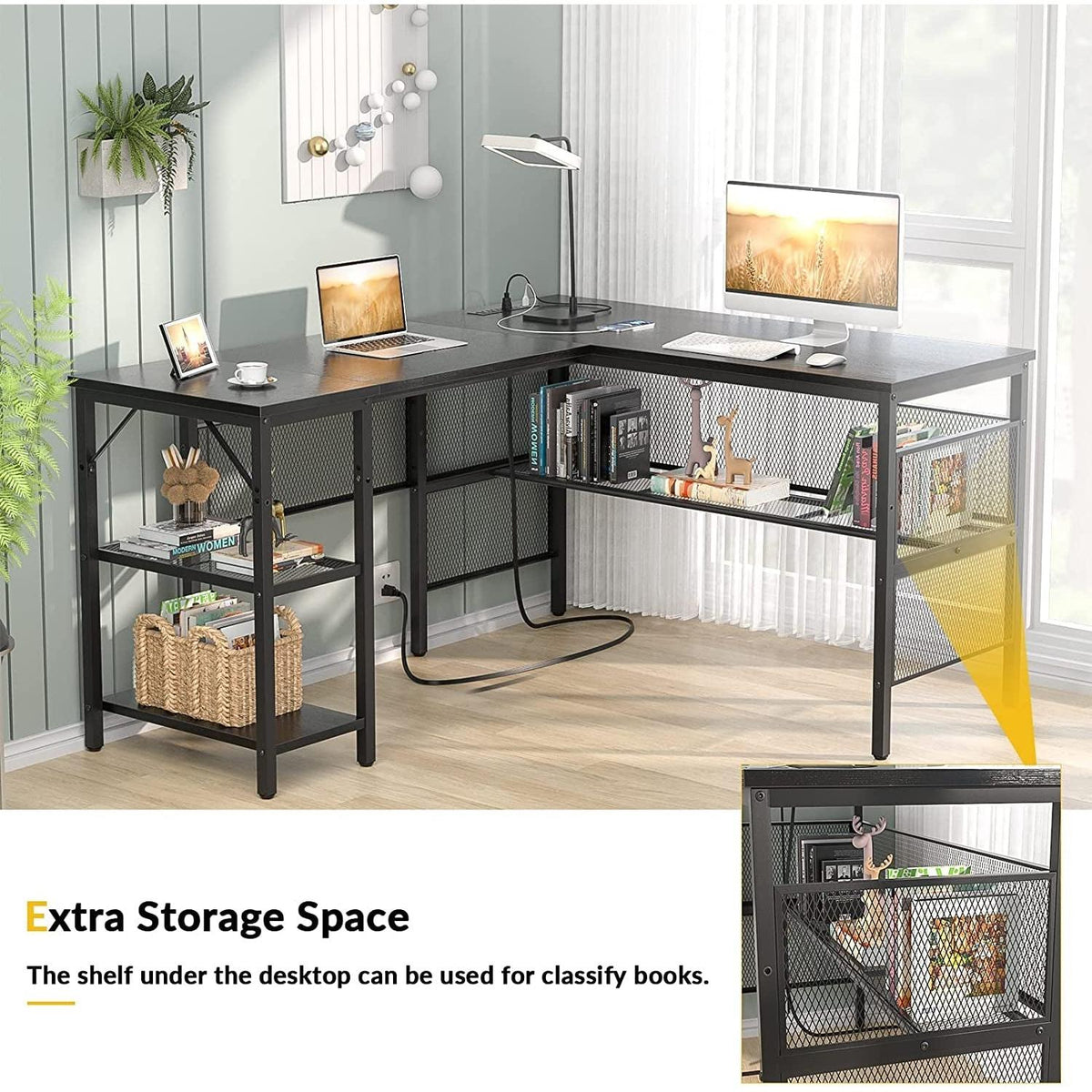 L Shaped Desk With USB Ports And Power Outlet Black