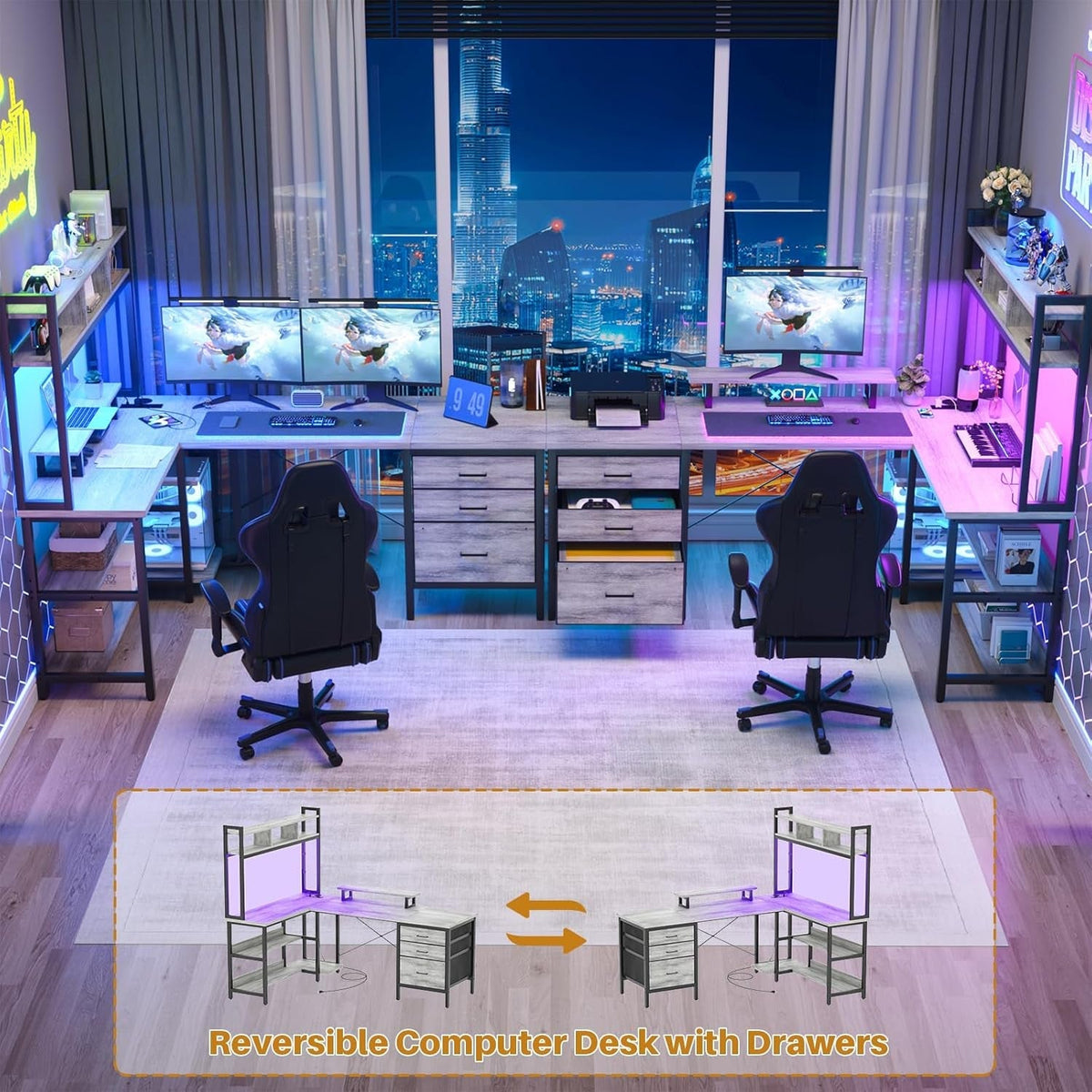 L Shaped Desk with Hutch and Led Lights White Oak Finish