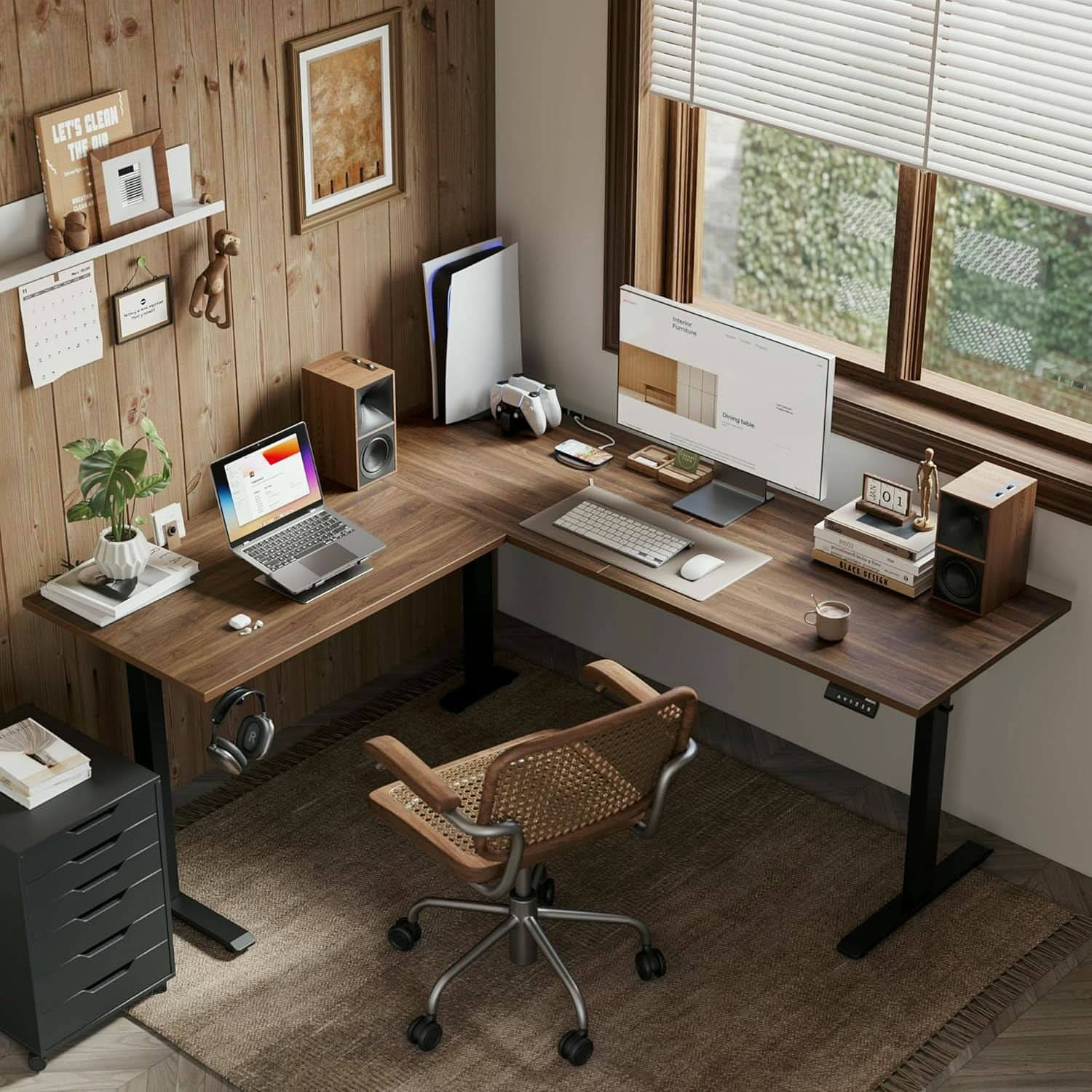L Shaped Electric Standing Desk 63 By 55 Inch Dark Walnut