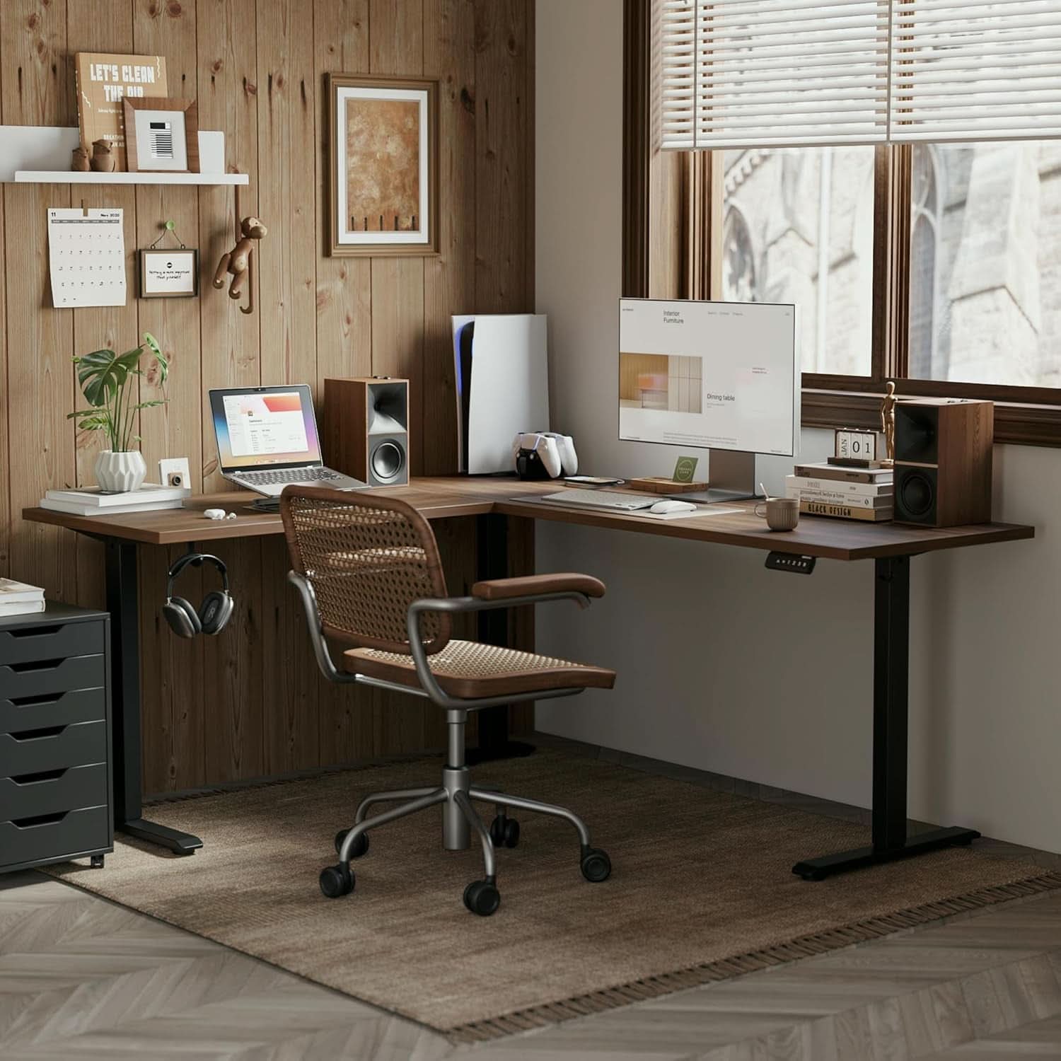 L Shaped Electric Standing Desk 63 By 55 Inch Dark Walnut