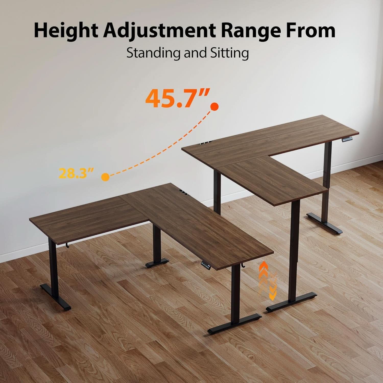 L Shaped Electric Standing Desk 63 By 55 Inch Dark Walnut