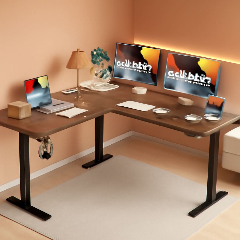 L Shaped Electric Standing Desk 63 By 55 Inch Dark Walnut