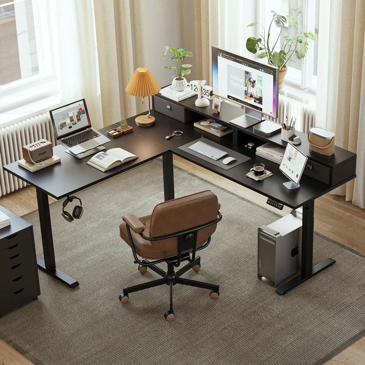 L Shaped Electric Standing Desk 63 Inch 2 Drawers Black