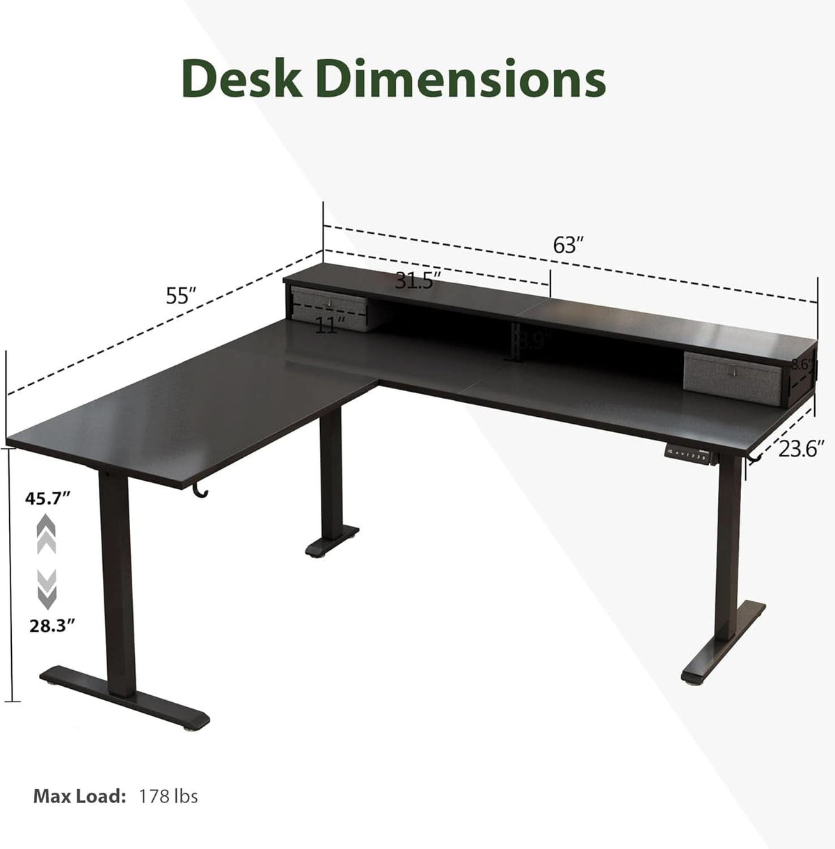 L Shaped Electric Standing Desk 63 Inch 2 Drawers Black