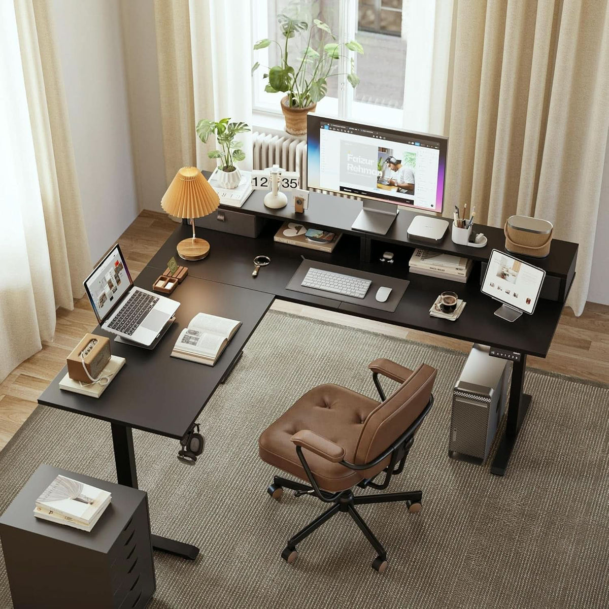 L Shaped Electric Standing Desk 63 Inch 2 Drawers Black