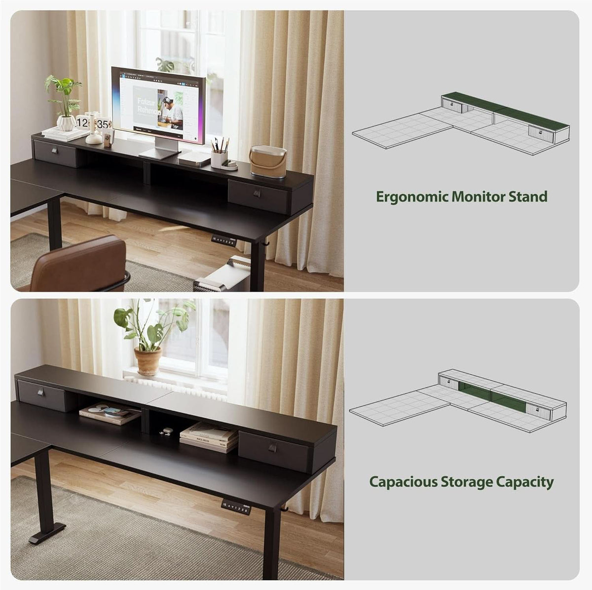 L Shaped Electric Standing Desk 63 Inch 2 Drawers Black