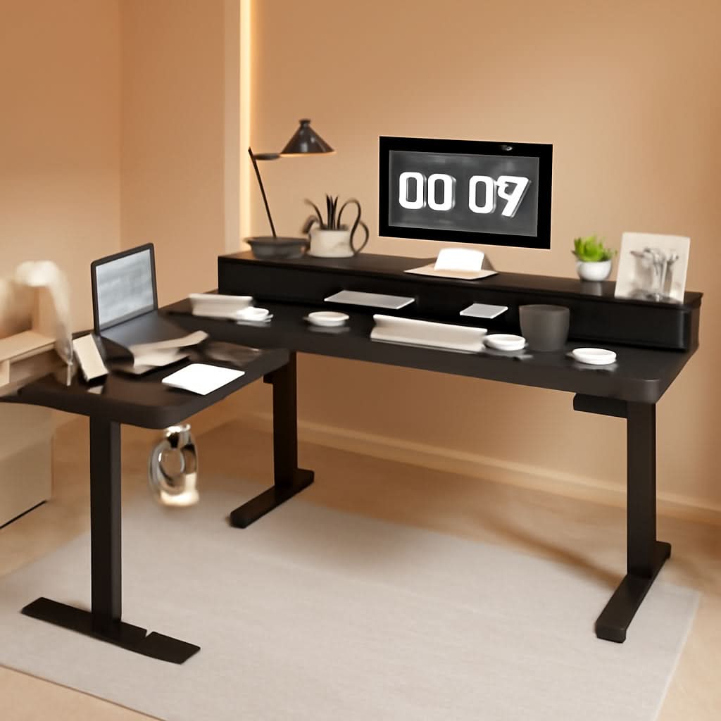 L Shaped Electric Standing Desk 63 Inch 2 Drawers Black