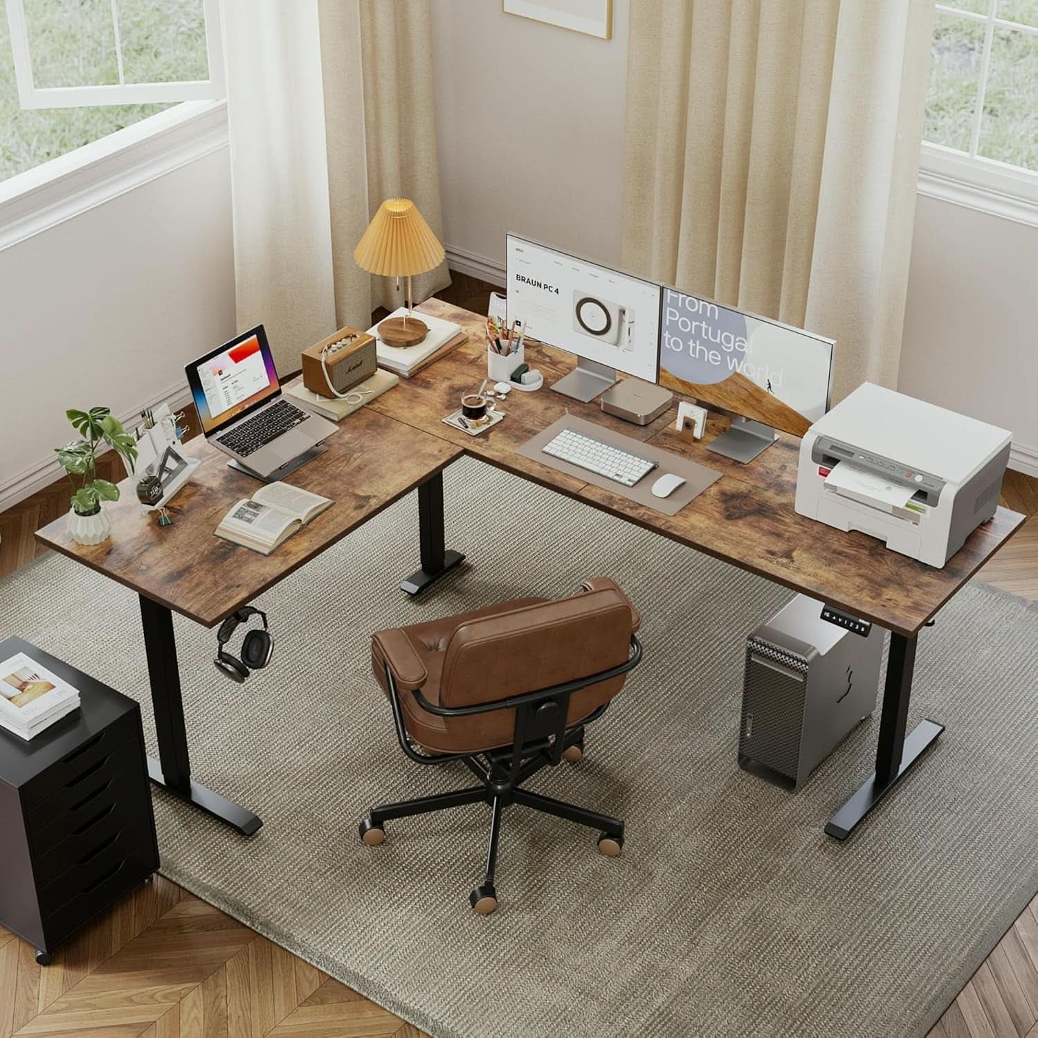 L Shaped Electric Standing Desk 75x61 Sit Stand Brown