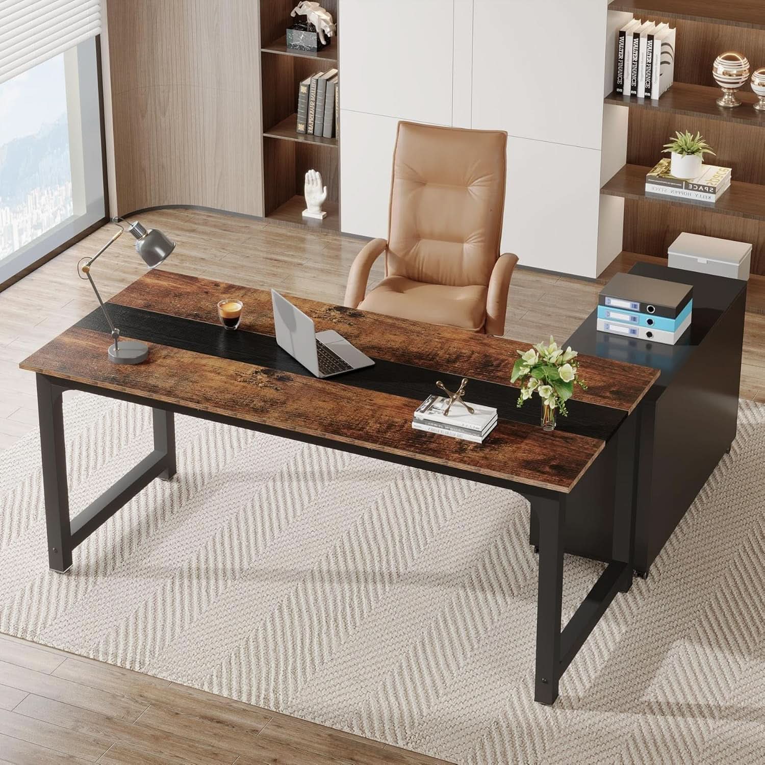 L-Shaped Executive Office Desk With Spacious File Cabinet