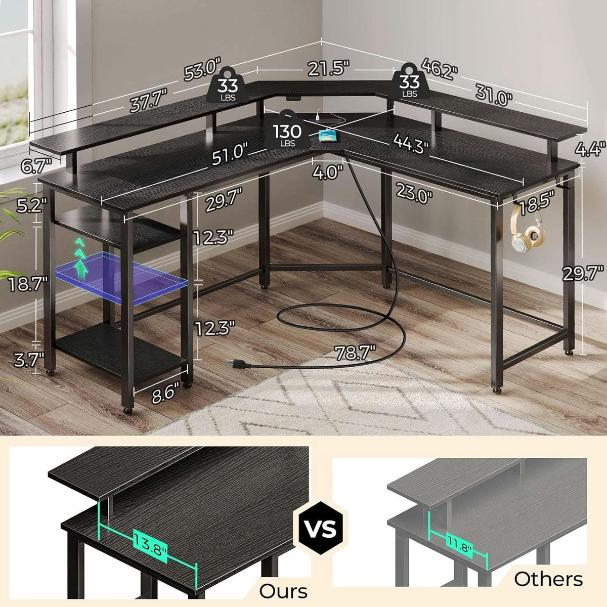 L Shaped Gaming Desk 46 Inch With LED Lights And Power Outlets