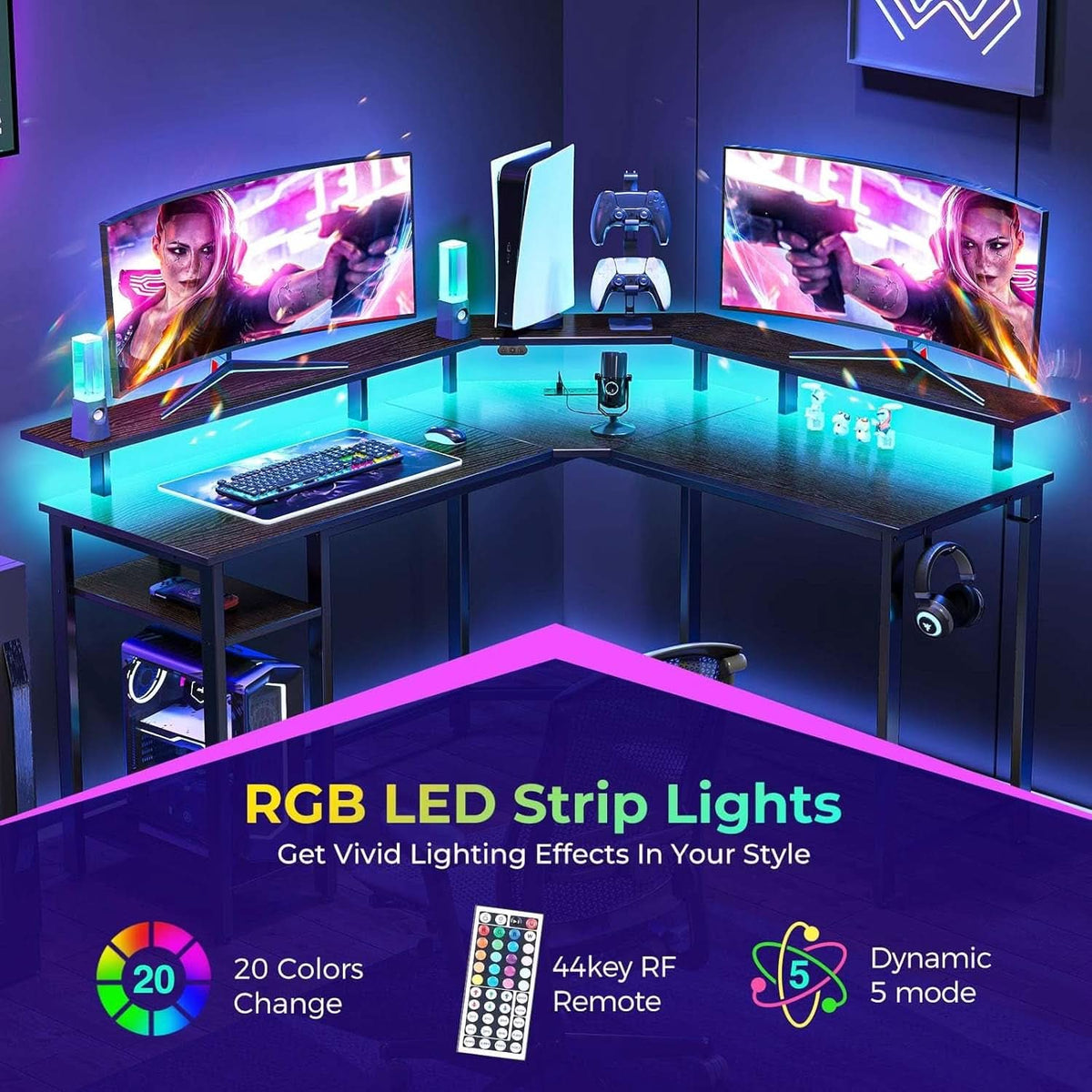L Shaped Gaming Desk 46 Inch With LED Lights And Power Outlets