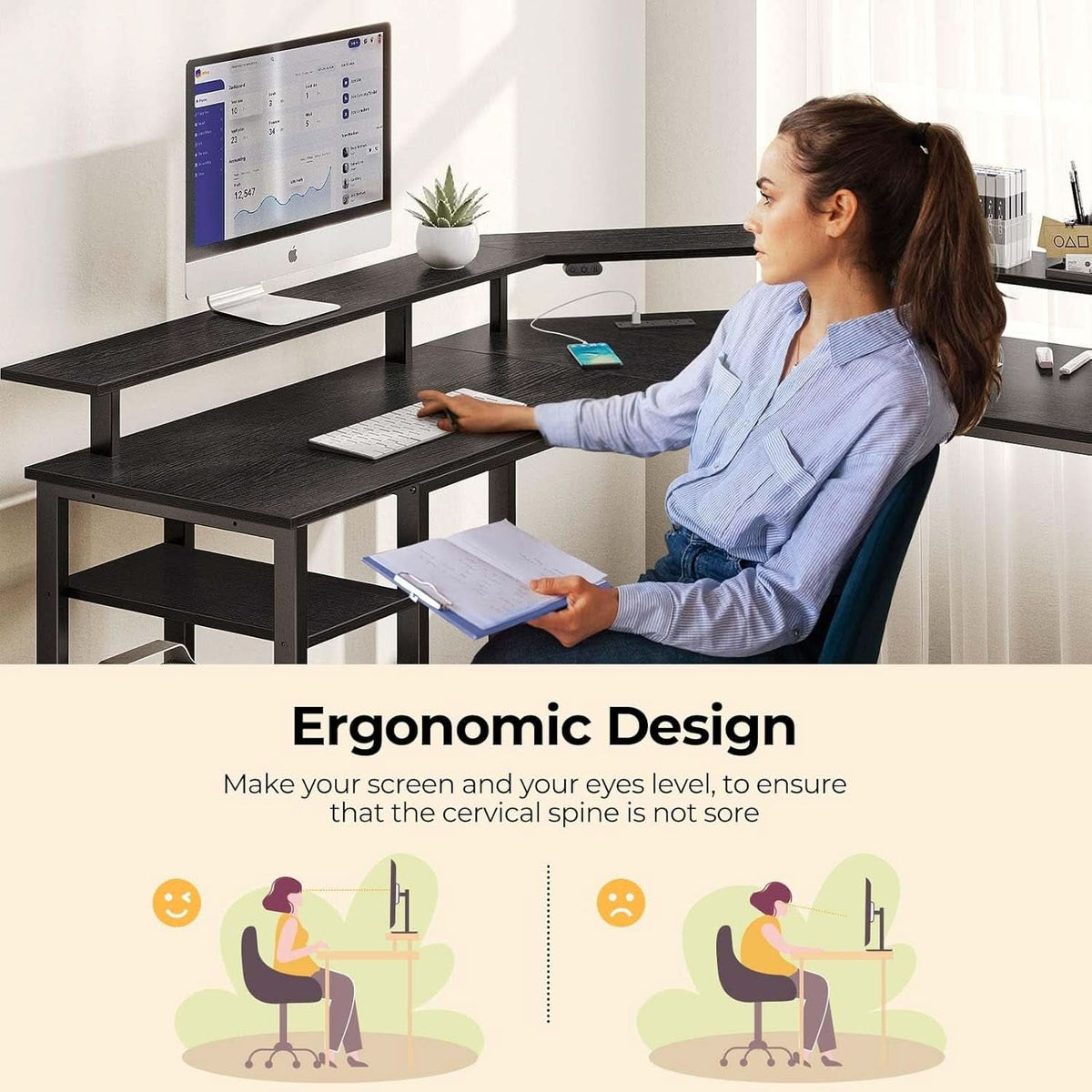 L Shaped Gaming Desk 46 Inch With LED Lights And Power Outlets