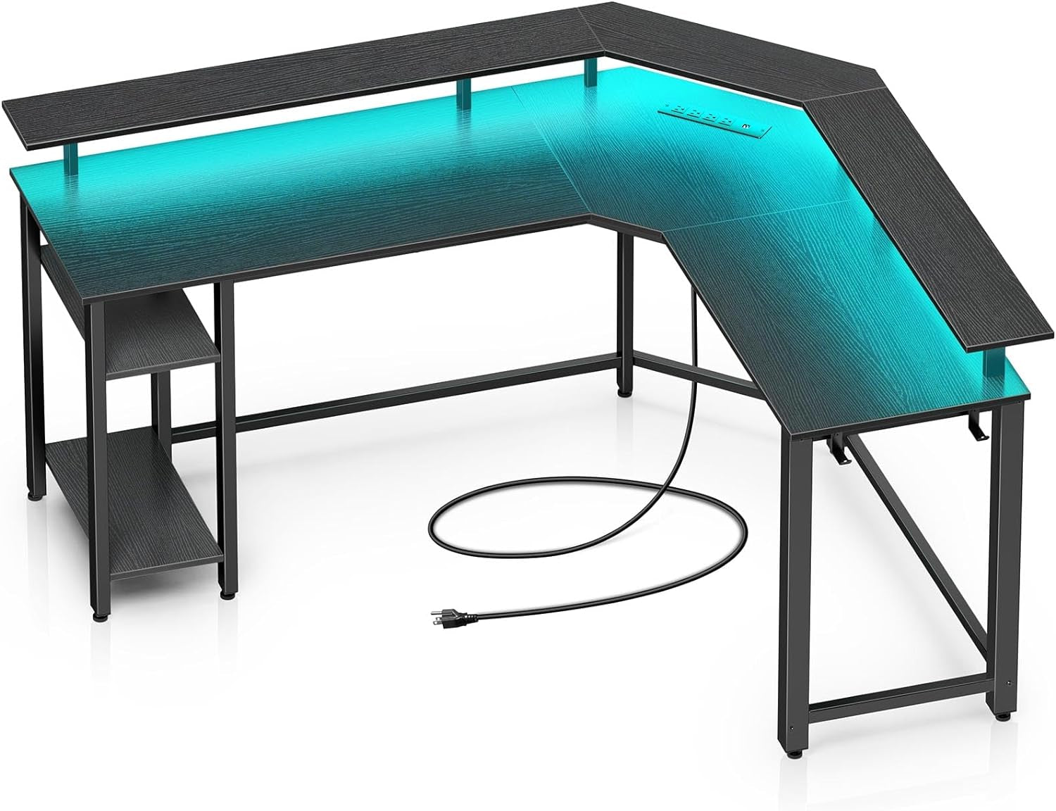 L Shaped Gaming Desk 46 Inch With LED Lights And Power Outlets