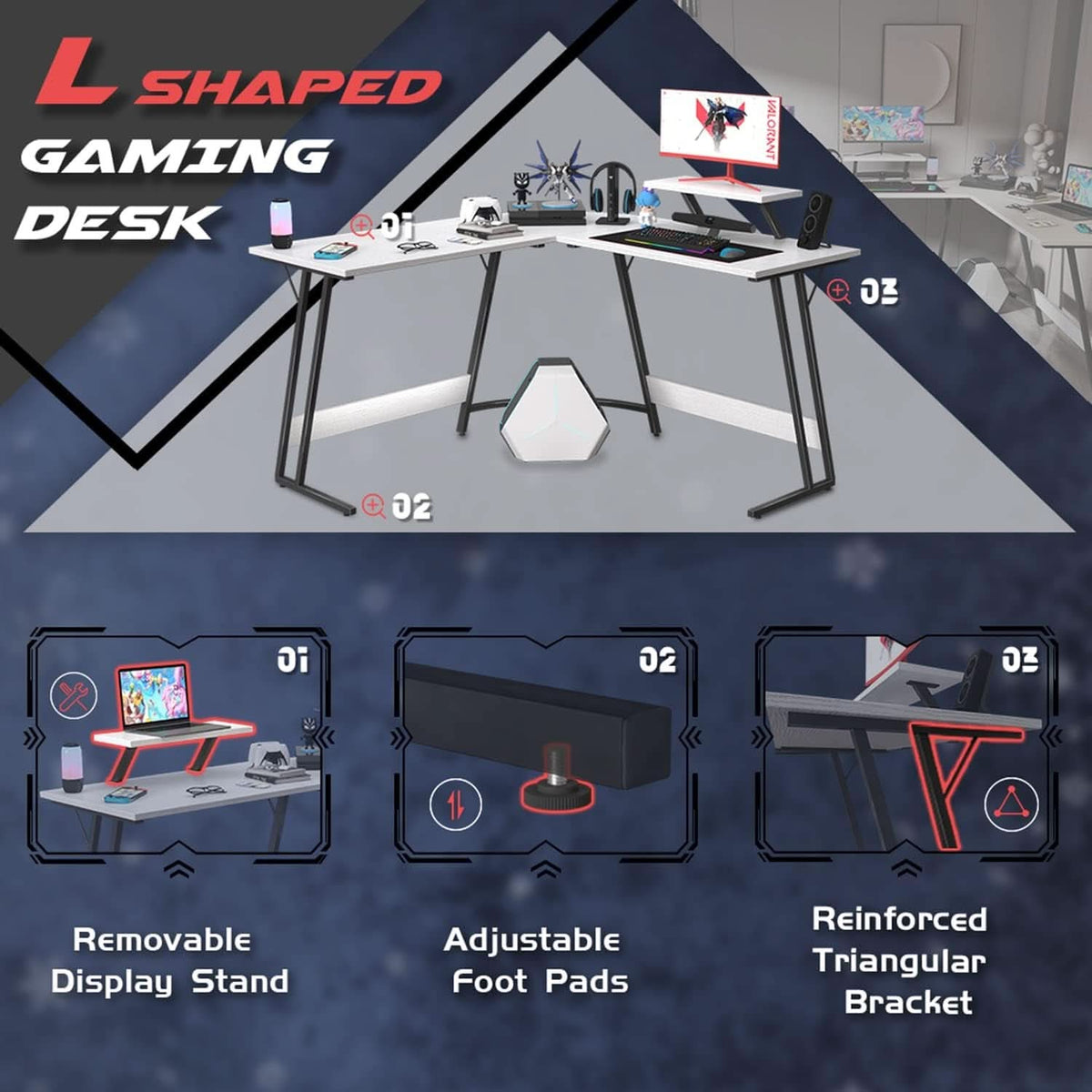 L Shaped Gaming Desk 51 Inch Monitor Riser Classical White