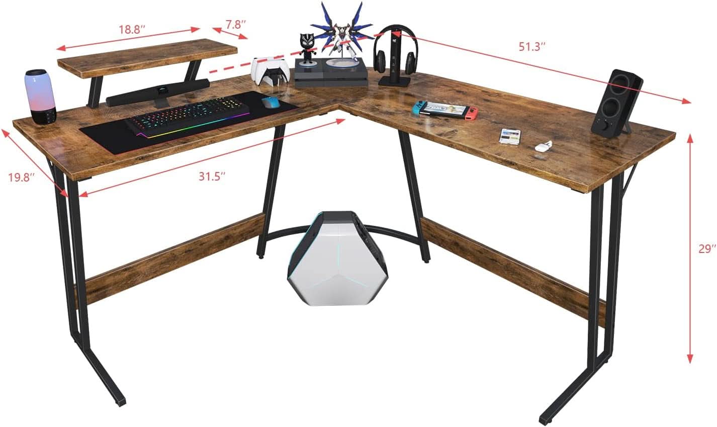 L Shaped Gaming Desk 51 Inch With Monitor Riser Brown