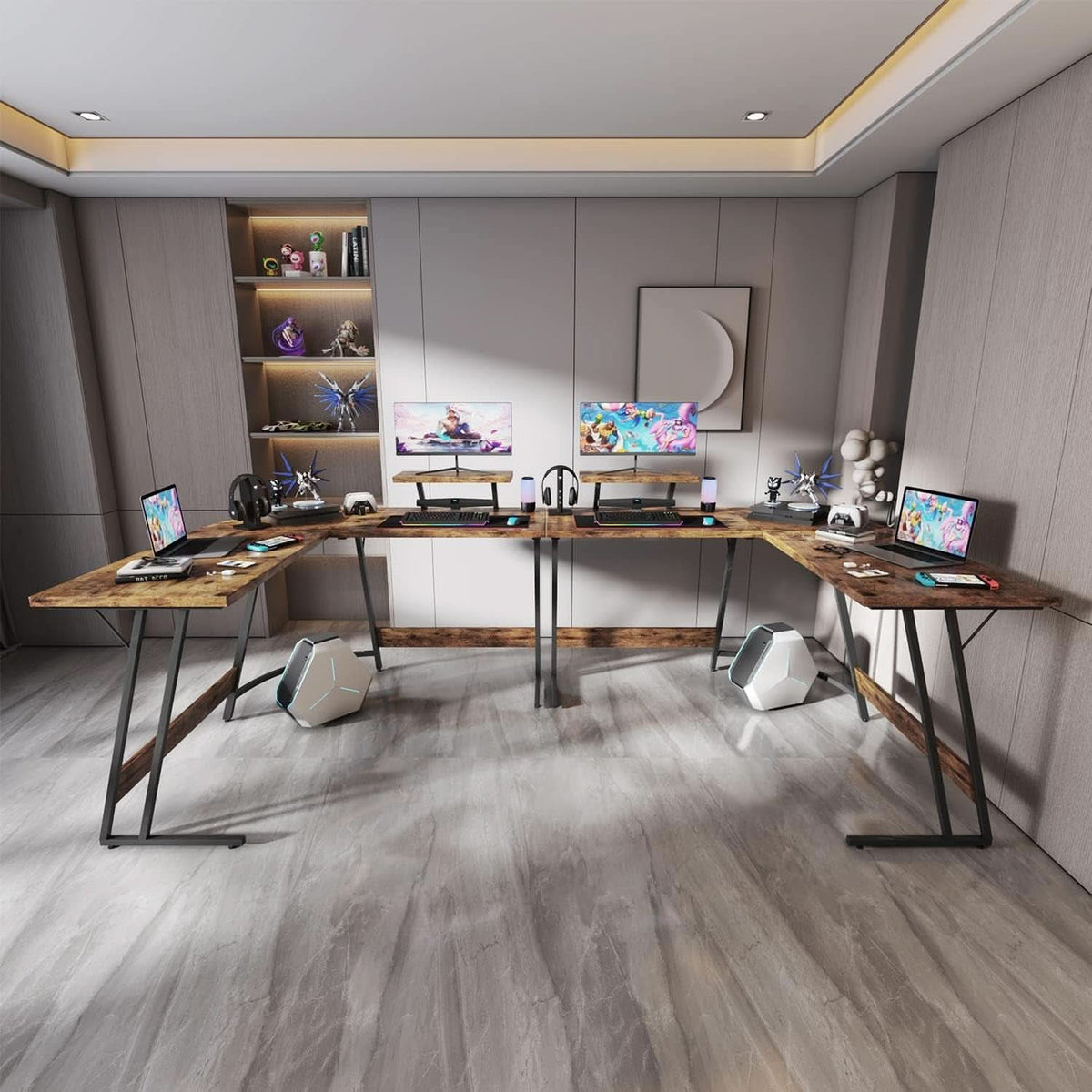 L Shaped Gaming Desk 51 Inch With Monitor Riser Brown