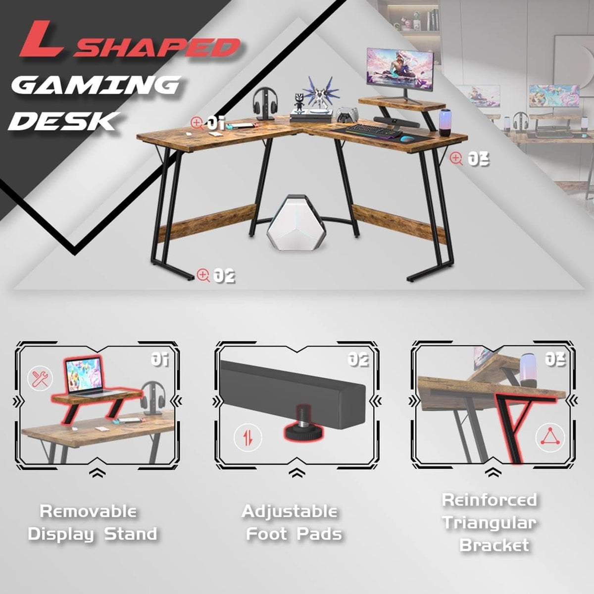 L Shaped Gaming Desk 51 Inch With Monitor Riser Brown