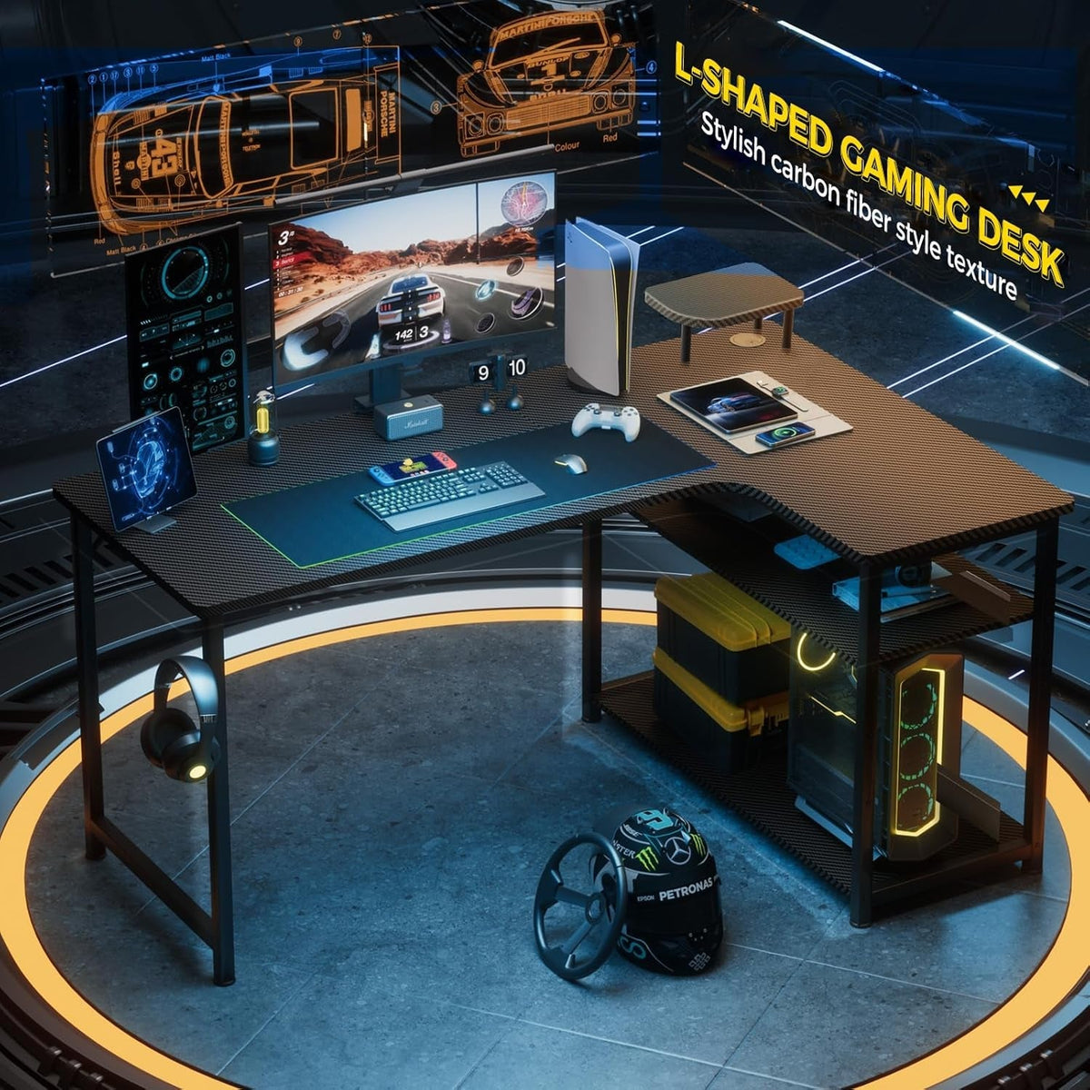 L Shaped Gaming Desk Carbon Fiber Style With Monitor Arm