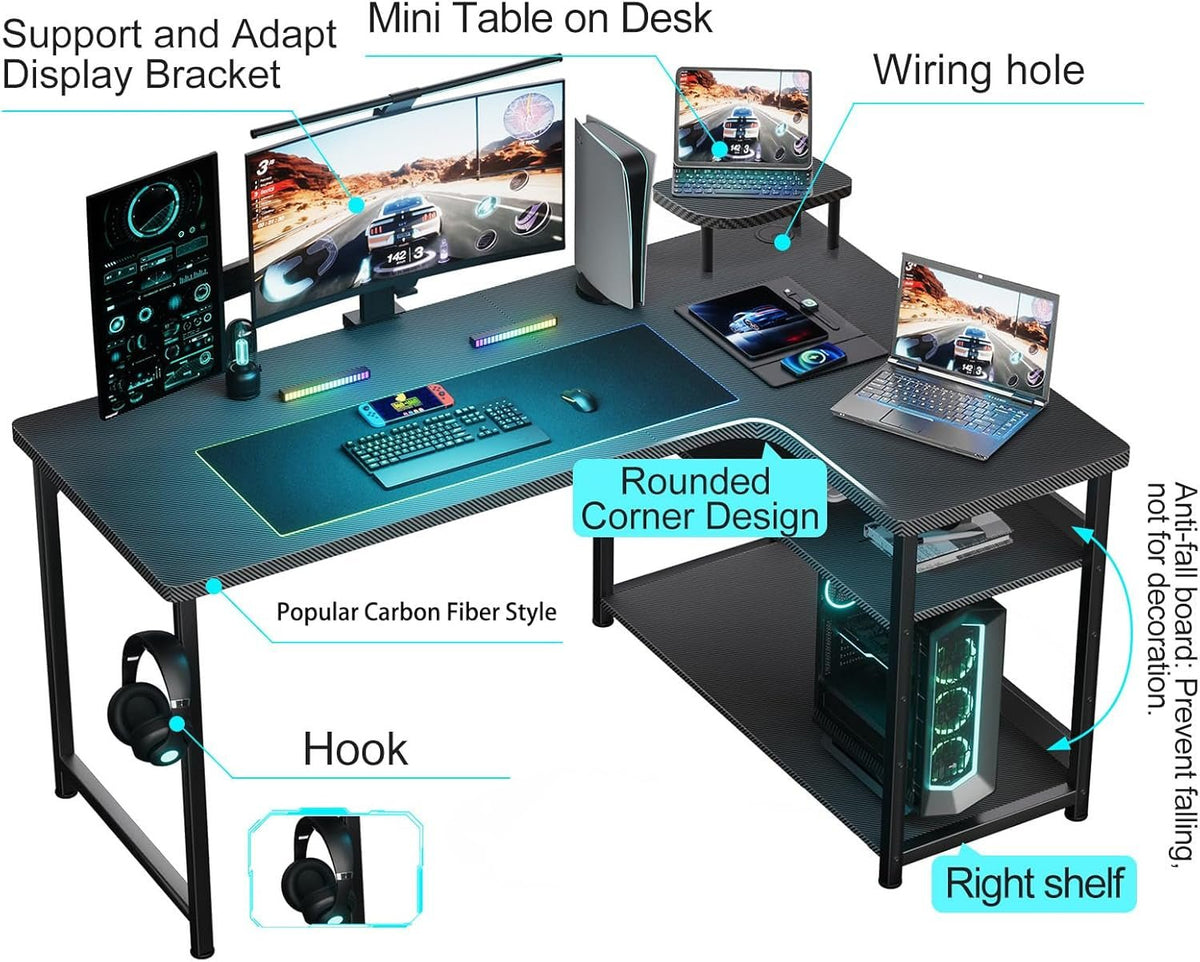 L Shaped Gaming Desk Carbon Fiber Style With Monitor Arm