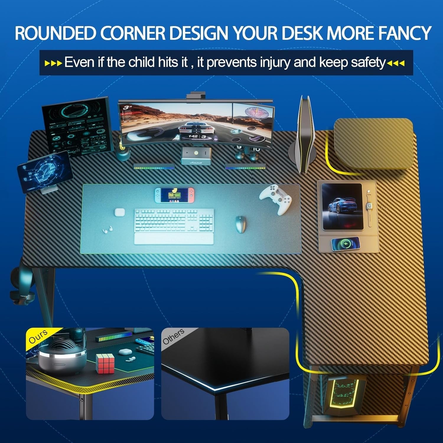 L Shaped Gaming Desk Carbon Fiber Style With Monitor Arm