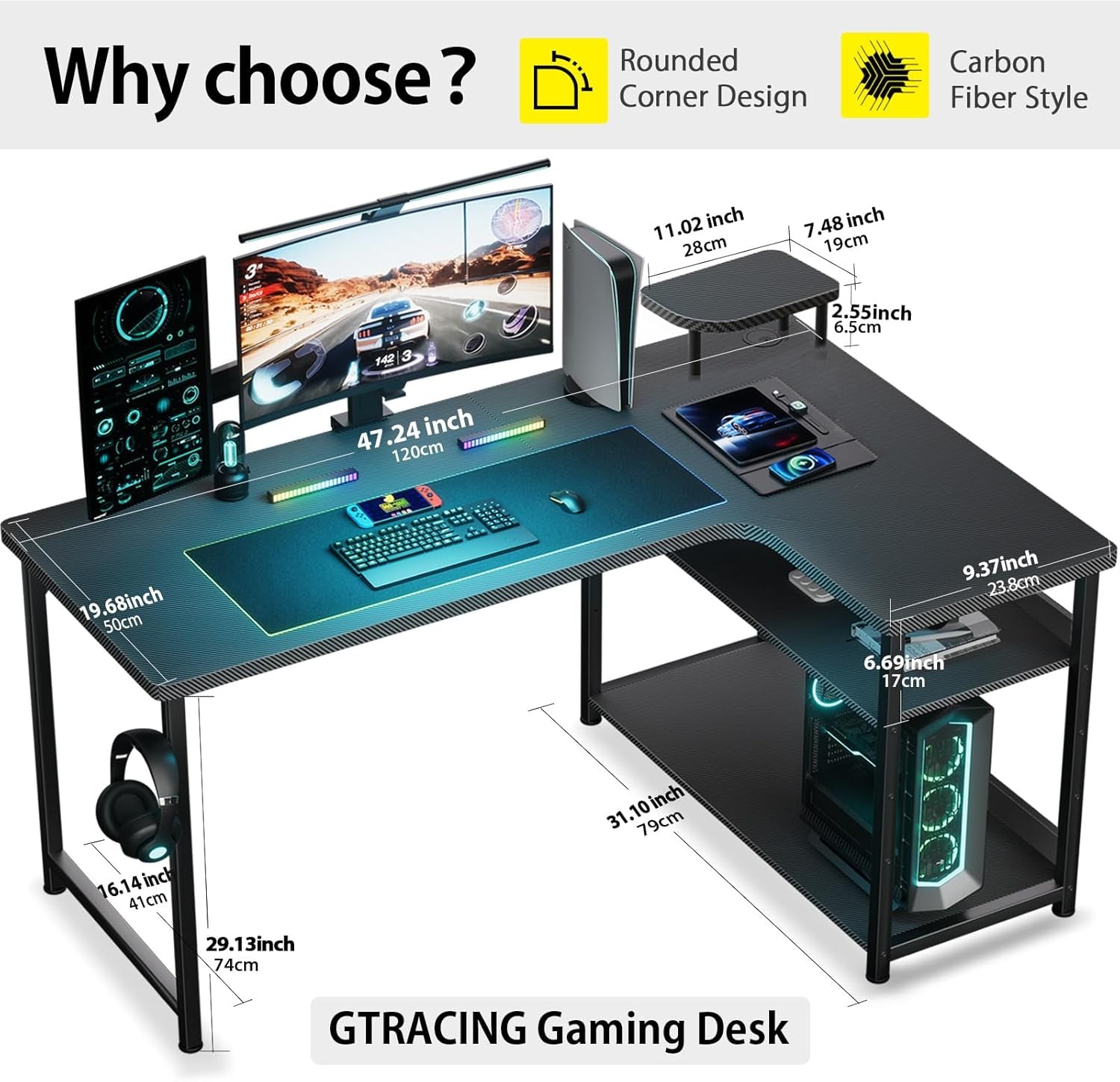 L Shaped Gaming Desk Carbon Fiber Style With Monitor Arm