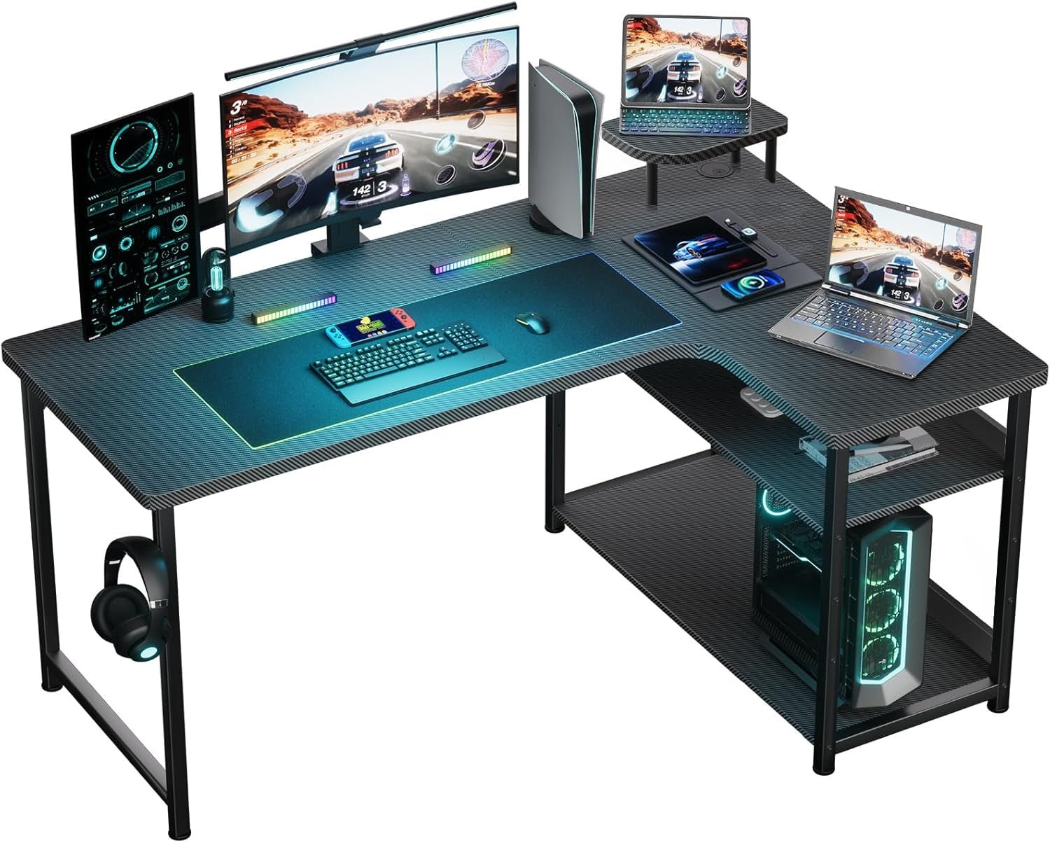 L Shaped Gaming Desk Carbon Fiber Style With Monitor Arm