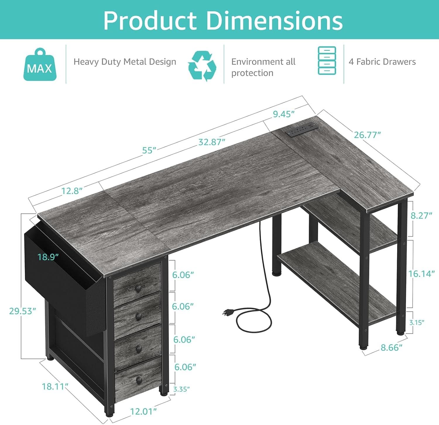 L Shaped Gaming Desk With Power Outlet And Storage