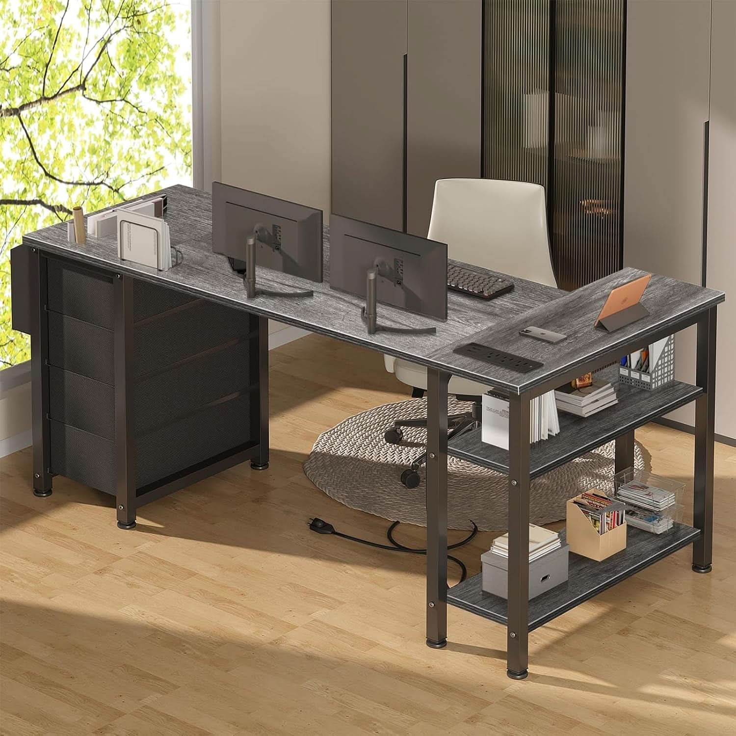 L Shaped Gaming Desk With Power Outlet And Storage