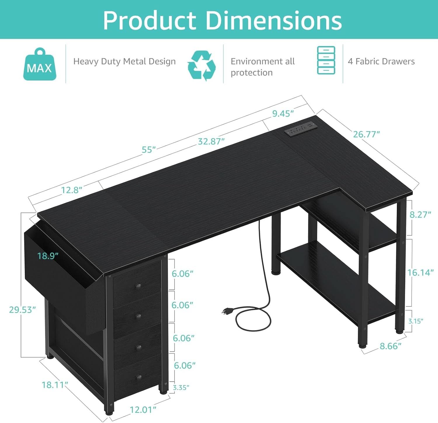 L Shaped Gaming Desk With Power Outlet And Storage Drawers 55 Inch