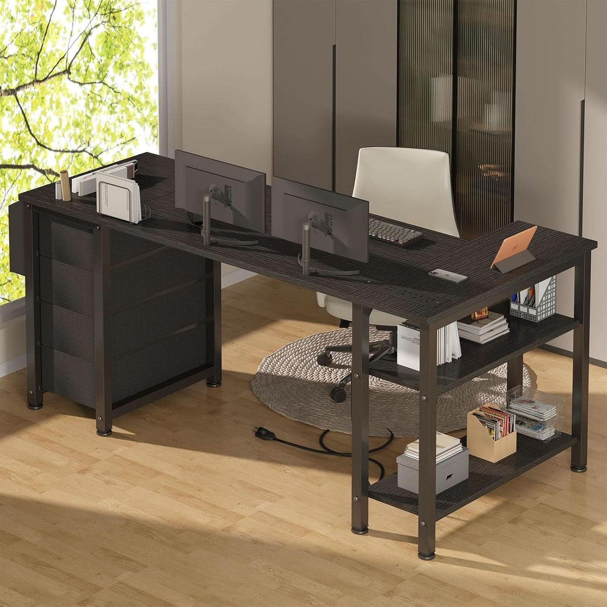 L Shaped Gaming Desk With Power Outlet And Storage Drawers 55 Inch
