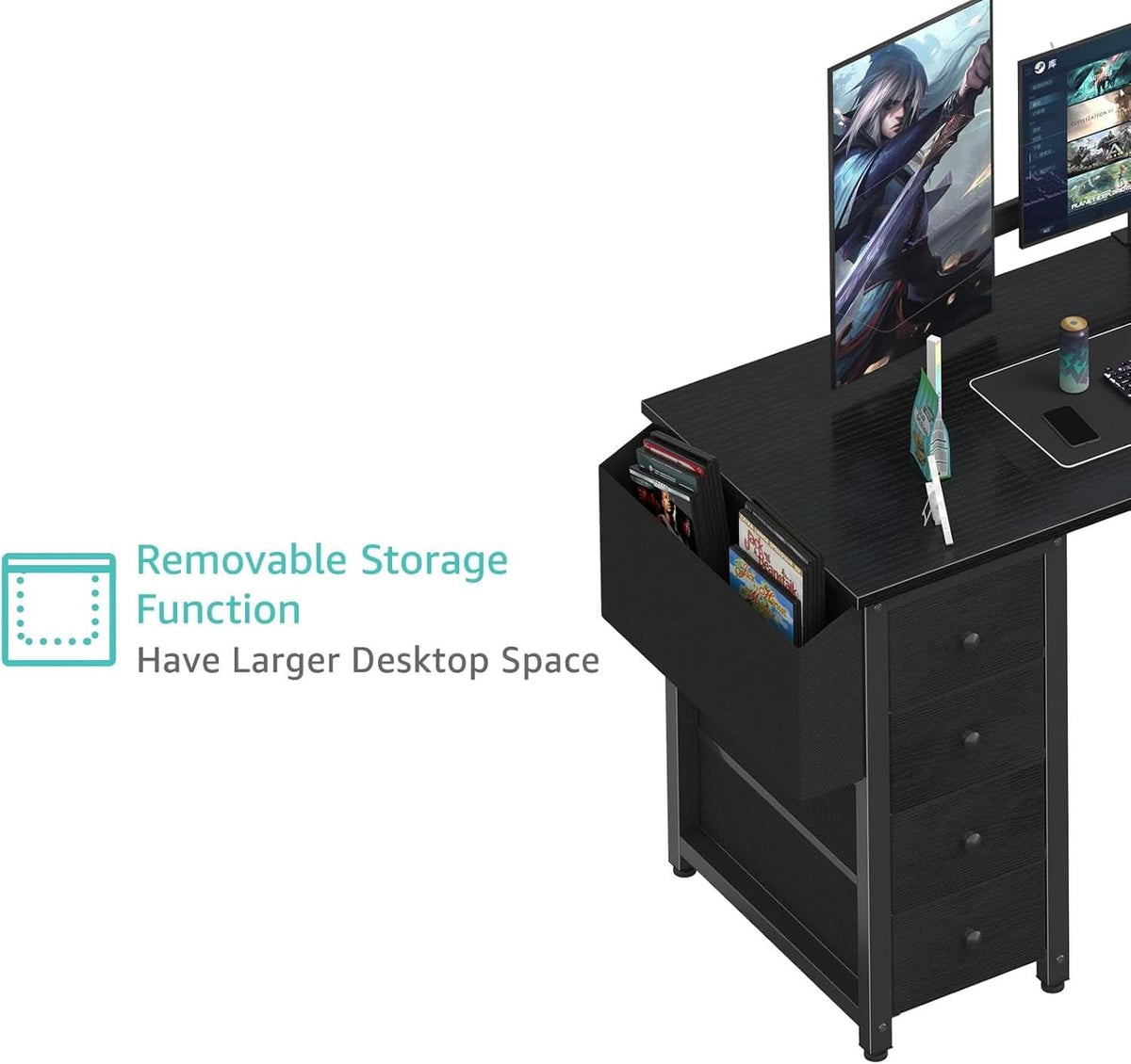 L Shaped Gaming Desk With Power Outlet And Storage Drawers 55 Inch