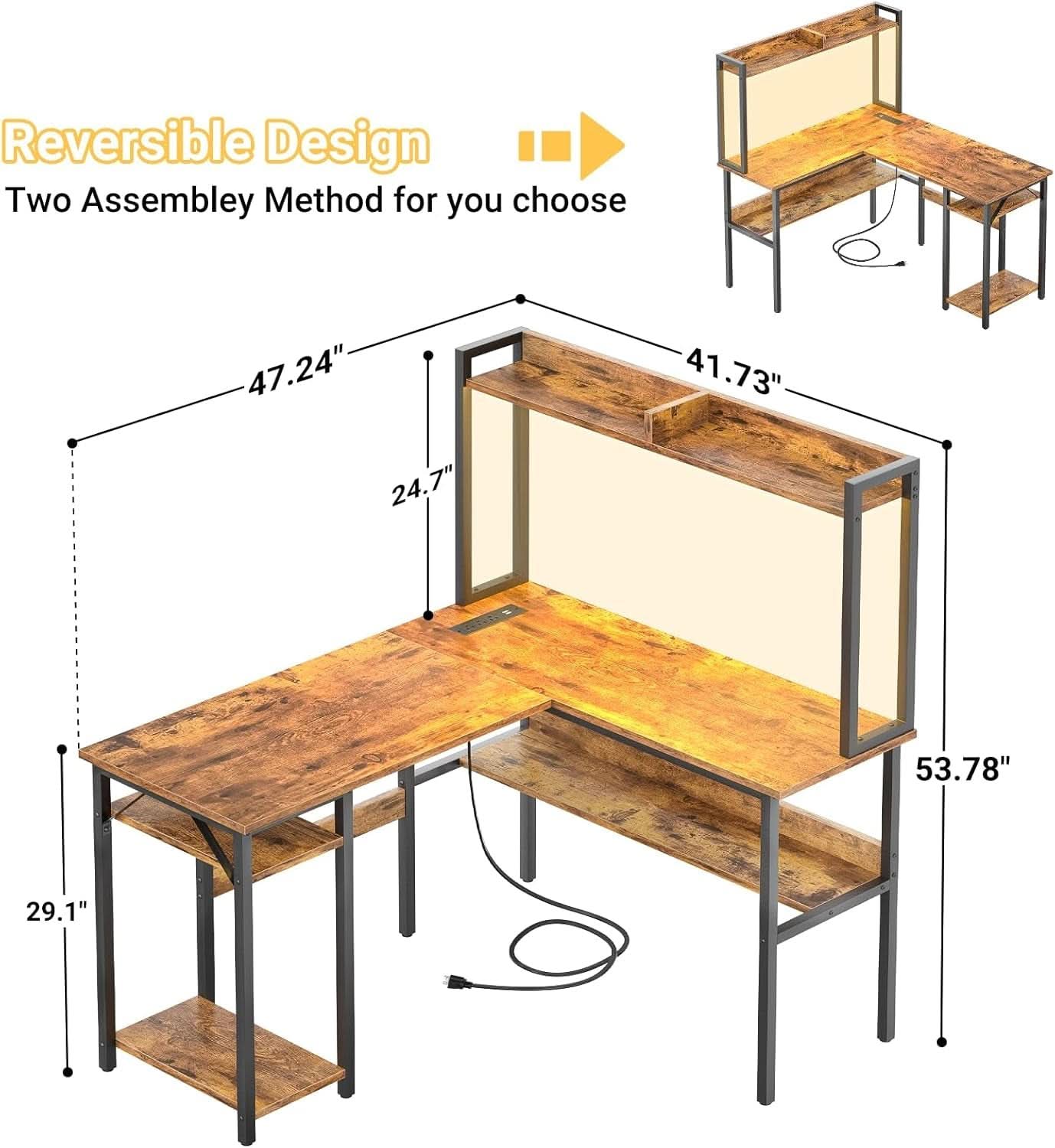 L Shaped Gaming Desk with LED and PowerOutlets Rustic Brown