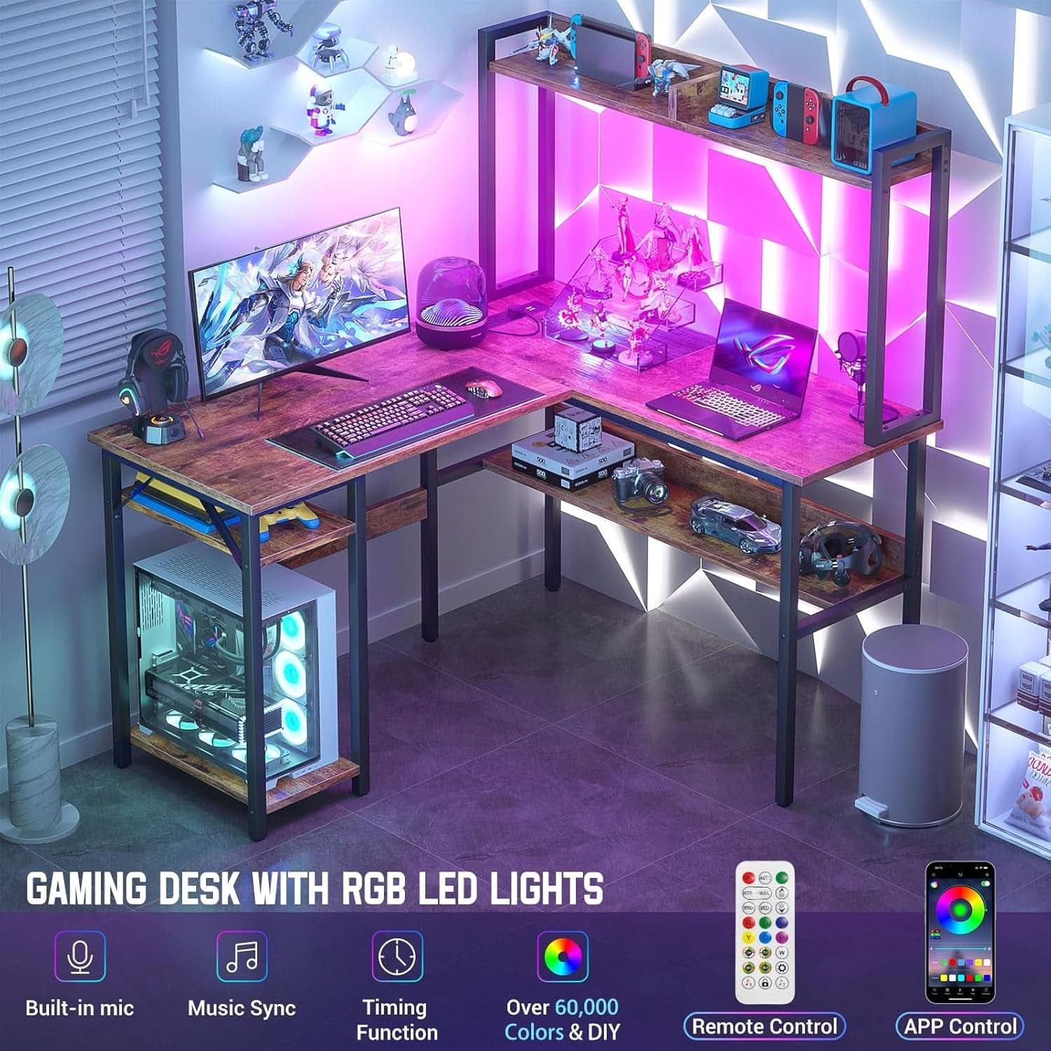 L Shaped Gaming Desk with LED and PowerOutlets Rustic Brown