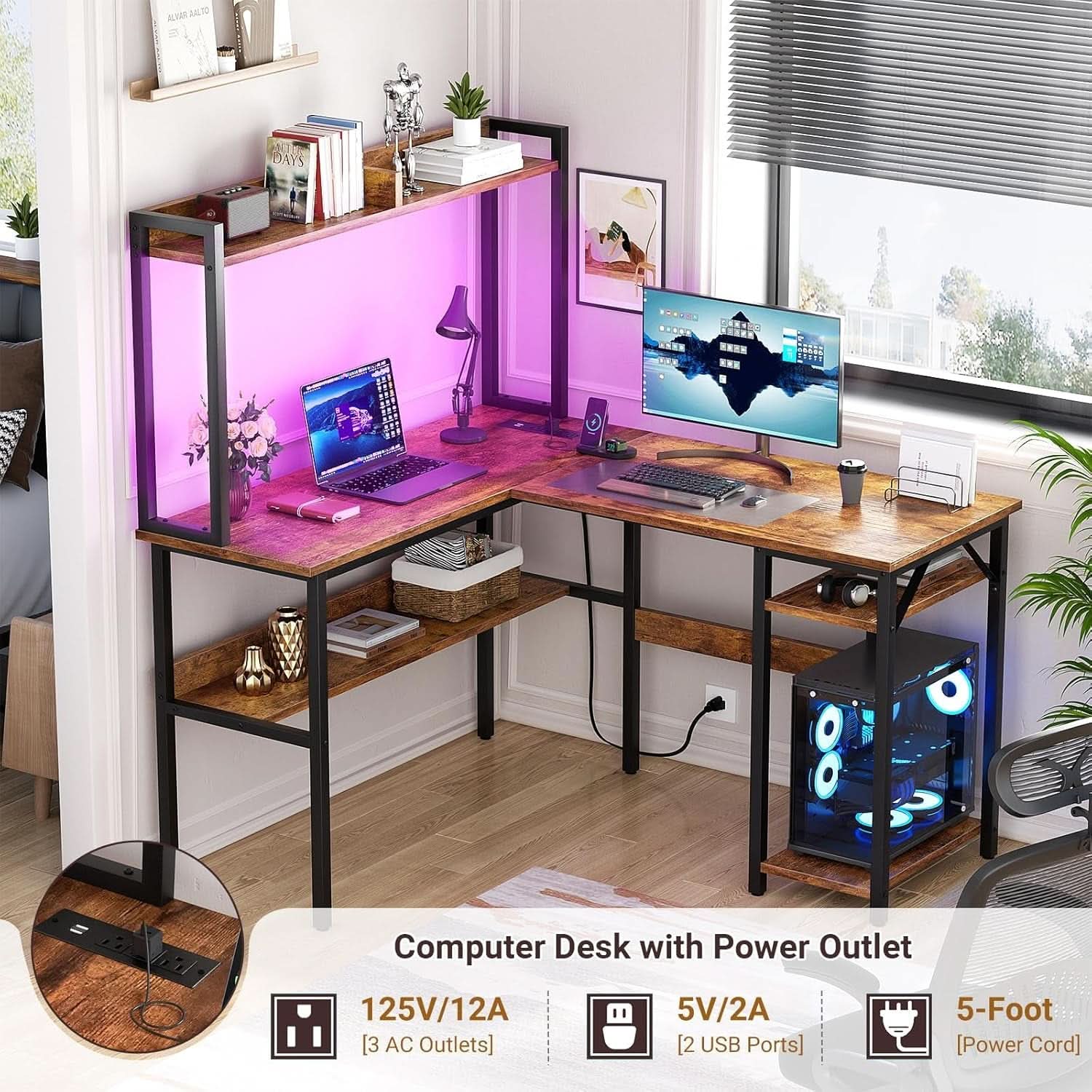 L Shaped Gaming Desk with LED and PowerOutlets Rustic Brown