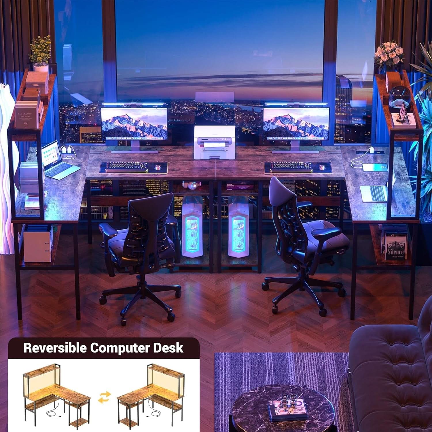 L Shaped Gaming Desk with LED and PowerOutlets Rustic Brown