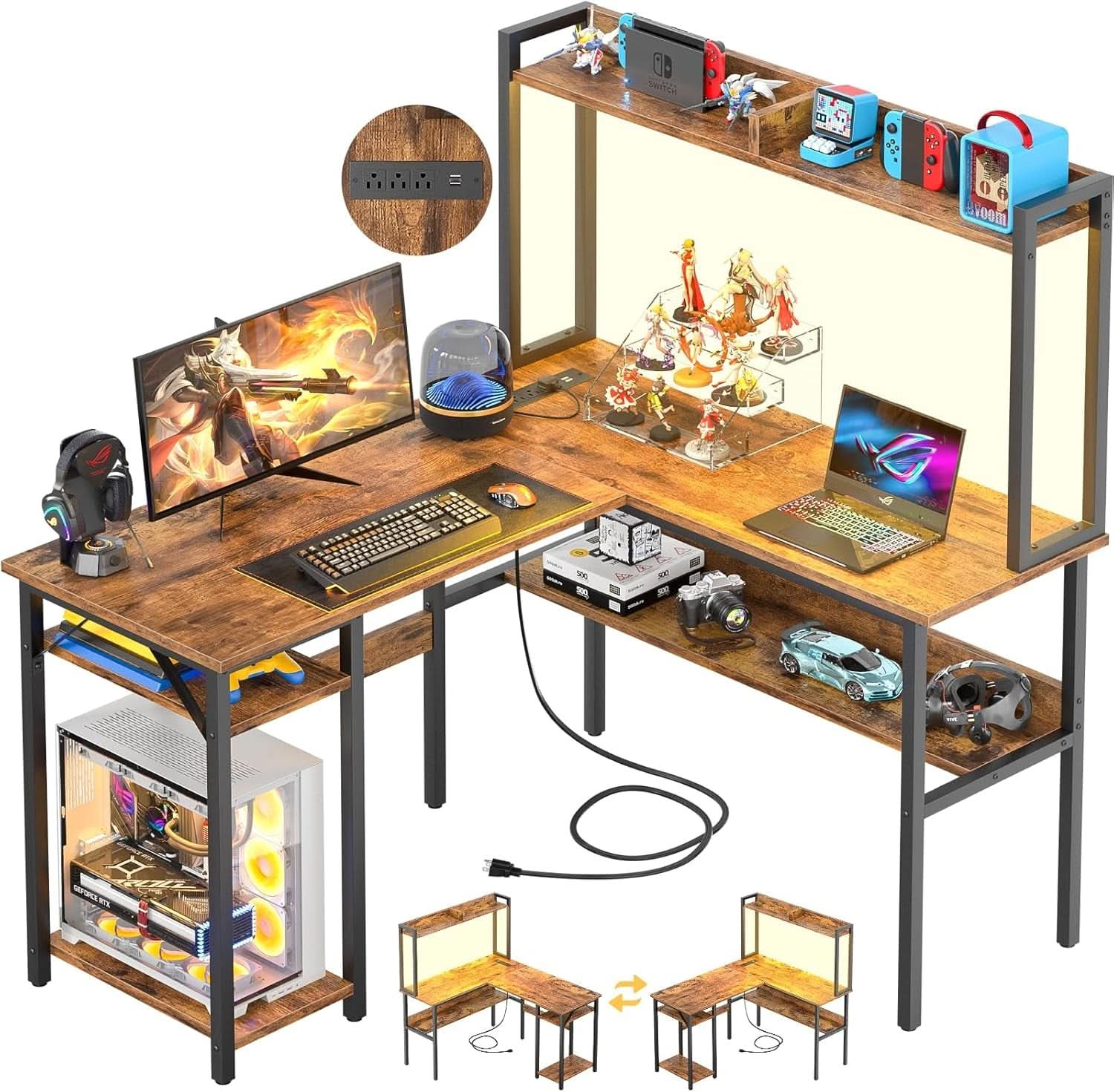 L Shaped Gaming Desk with LED and PowerOutlets Rustic Brown