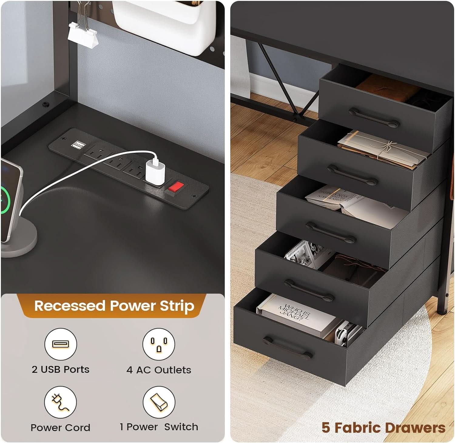 L Shaped Gaming Desk with Storage Drawers and Lights