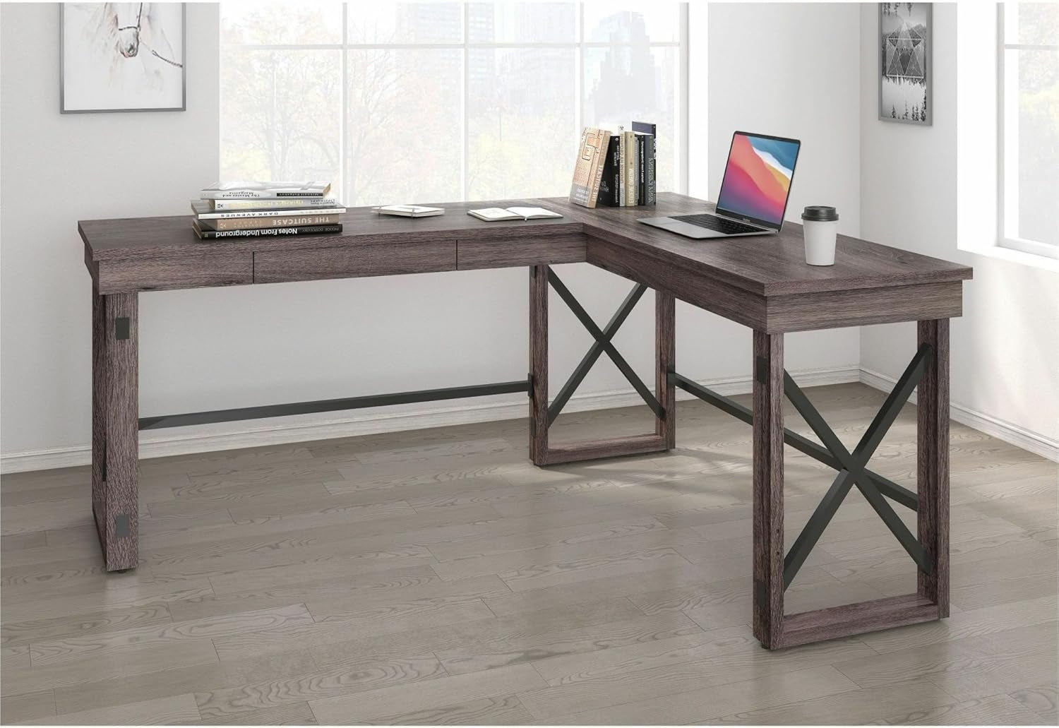 L Shaped Industrial Desk Gray Oak Top 67 Inch Width