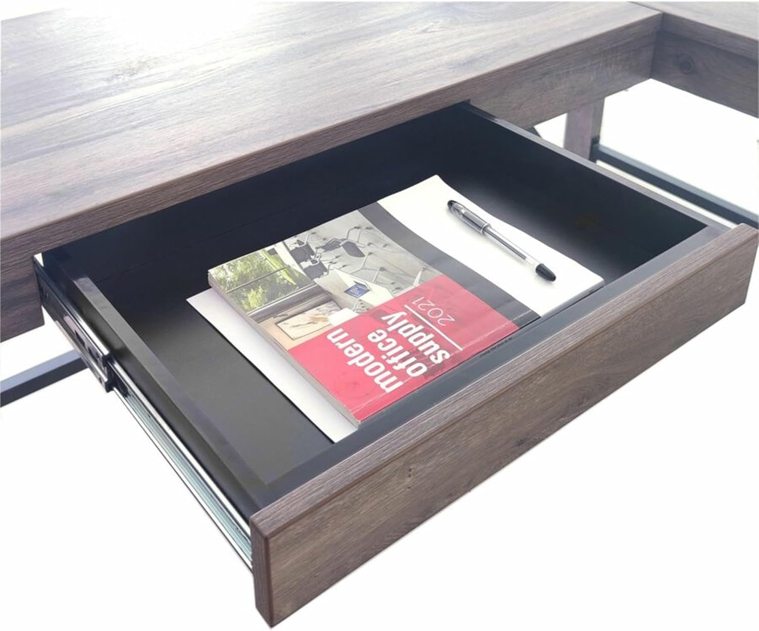 L Shaped Industrial Desk Gray Oak Top 67 Inch Width