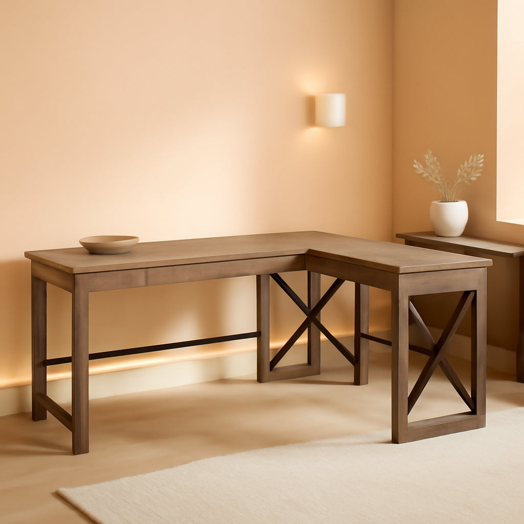 L Shaped Industrial Desk Gray Oak Top 67 Inch Width