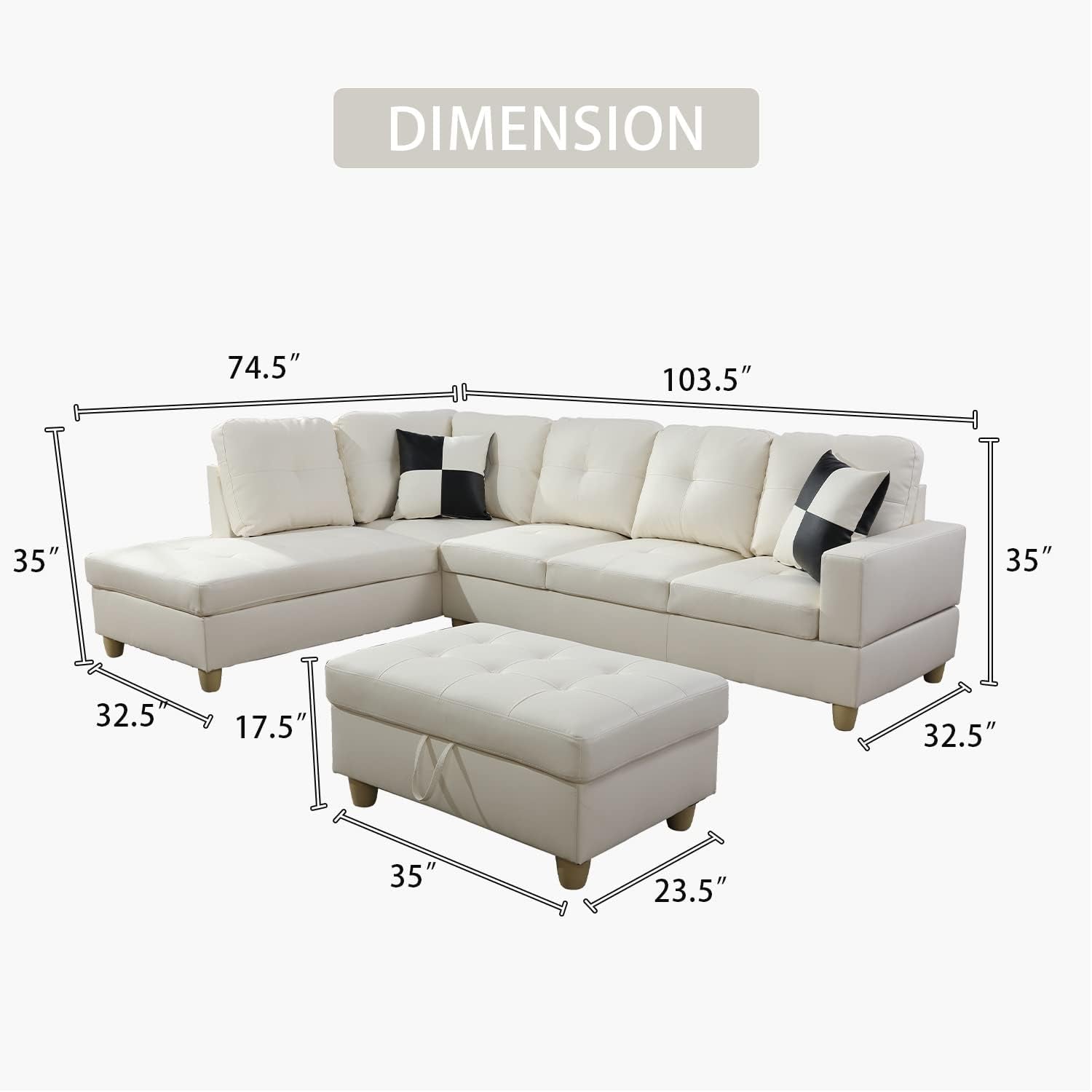 L Shaped Leather Sectional Sofa Left Hand Facing In White