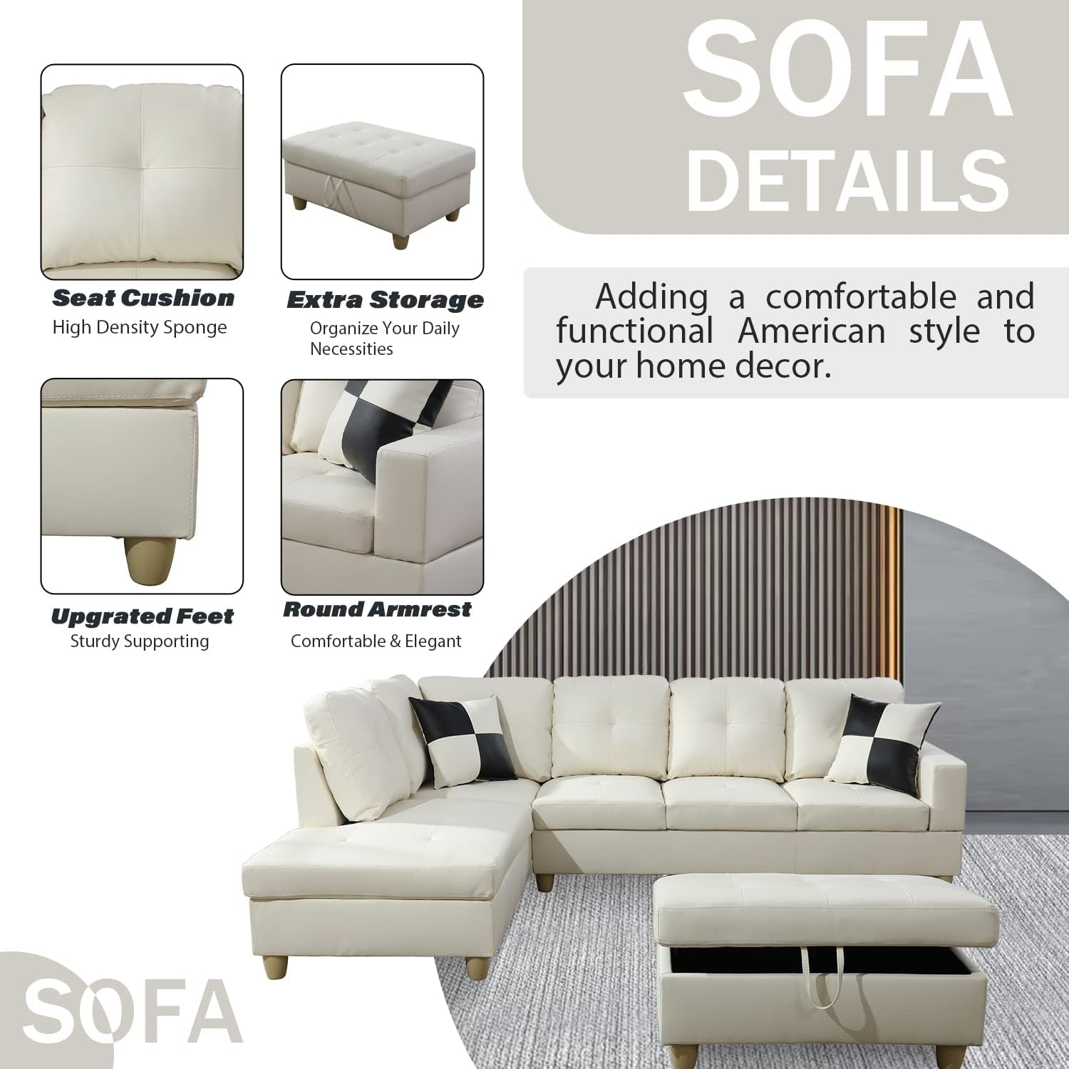 L Shaped Leather Sectional Sofa Left Hand Facing In White
