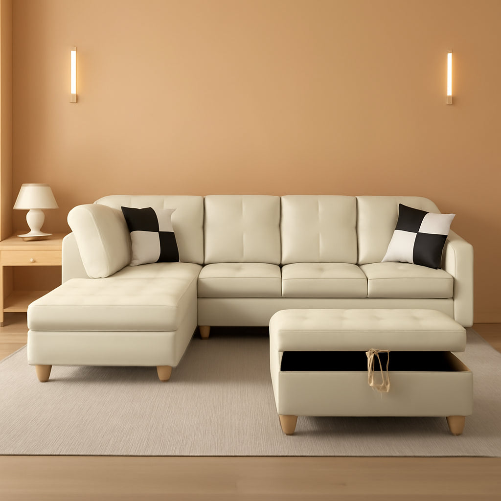 L Shaped Leather Sectional Sofa Left Hand Facing In White