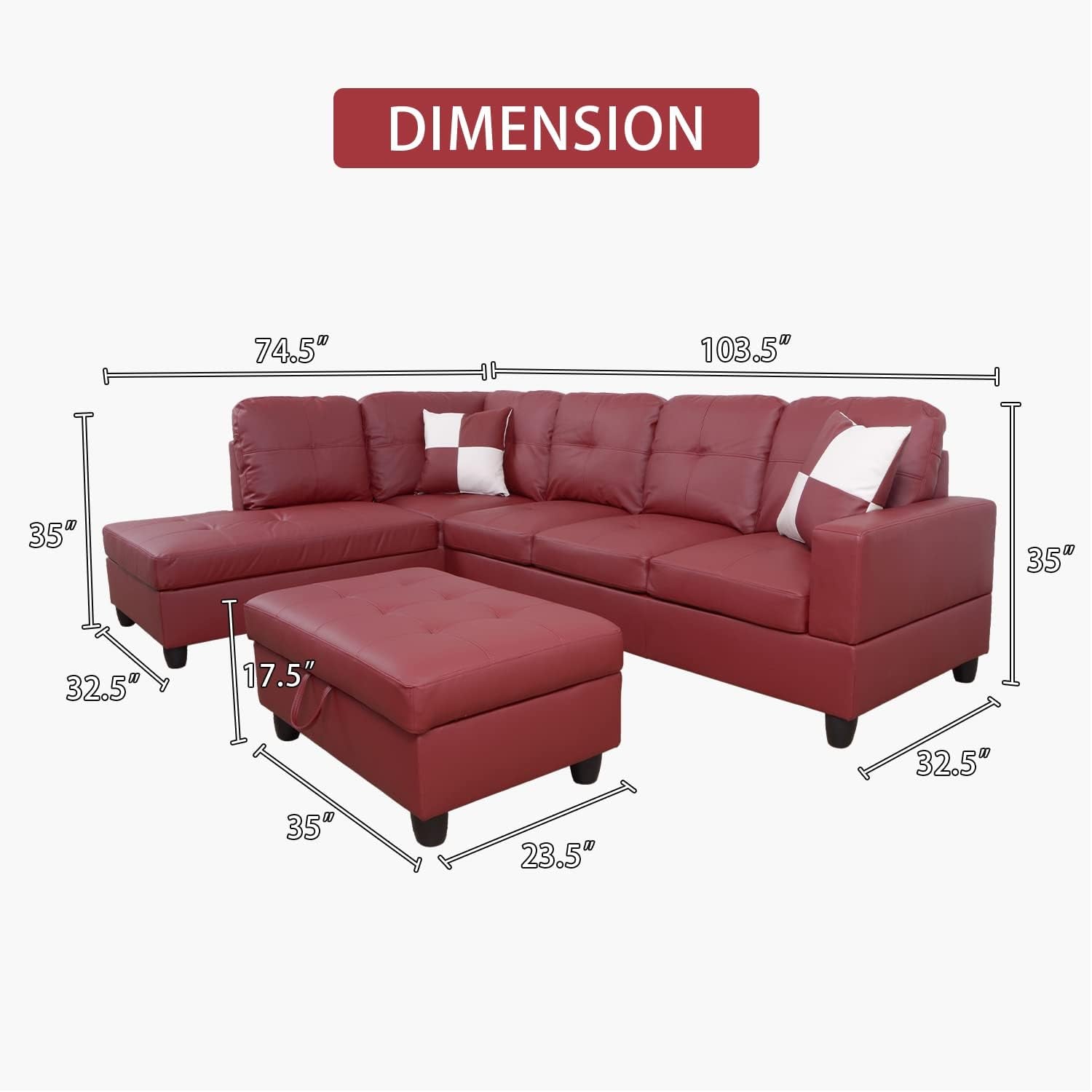 L Shaped Leather Sectional Sofa Red Left Hand Facing