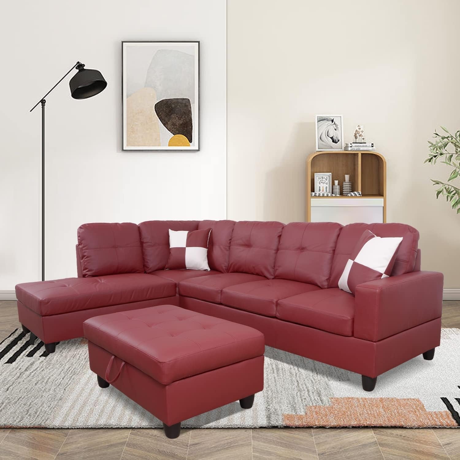 L Shaped Leather Sectional Sofa Red Left Hand Facing